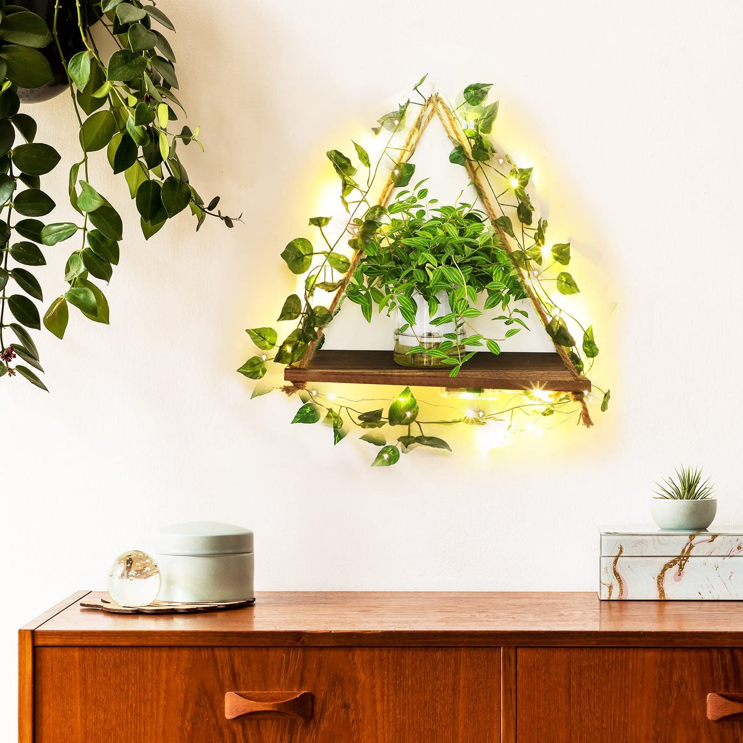 Amyhill 3 Set Artificial Ivy LED Floating Plant Shelves Wood Hanging Dorm Wall Decor Leaves and Light Strip Hanging Shelves for Bedroom Living Room Nature Wall Decoration