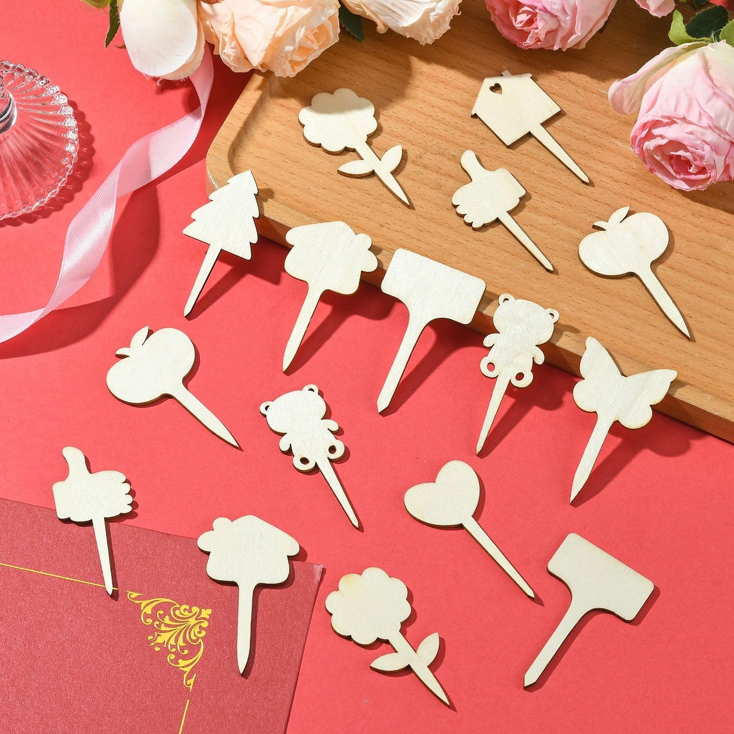 Gythara 60 pcs 12 Styles Forest Theme Unfinished Wood Cutout Charms Butterfly Heart Flower Wood Slice for DIY Painting Art Home Party Craft Decor Embellishments