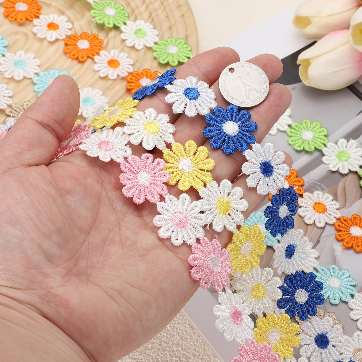 uxcell Flower Lace Trim, 5 Yards 1 Inch Wide Delicate Floral Edge Lace Trim Ribbon DIY Handmade Patchwork Ribbon Sewing Supplies Crafts, Orange-White