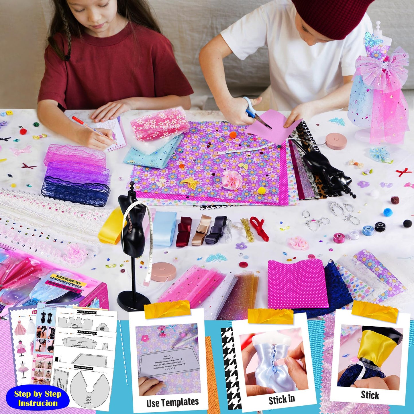 800+Pcs Fashion Designer Kits for Girls with 6 Mannequins - Girls Fashion Design Craft Kit, Sewing Kit for Kid 8-12, Birthday Gifts for Teens Girl 6 7 8 9 10 11 12