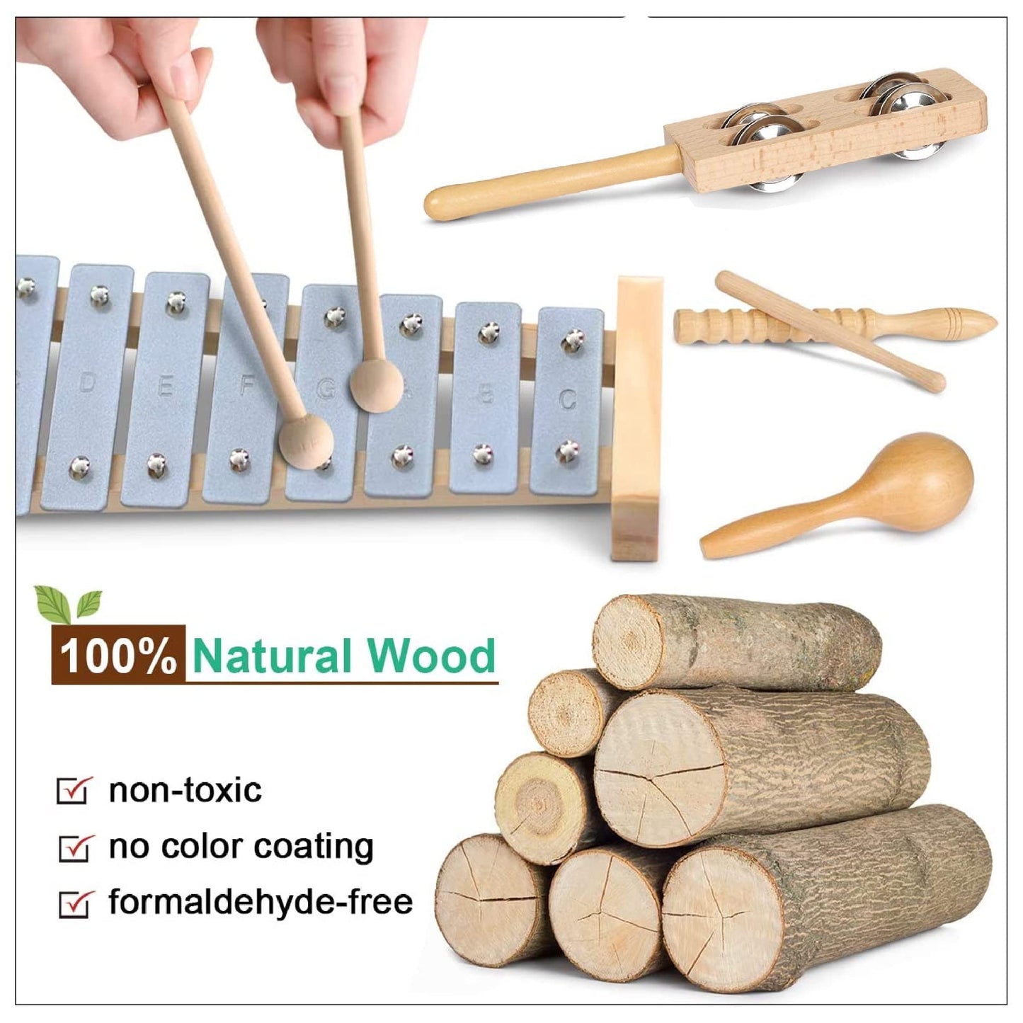 LOOIKOOS Toddler Musical Instruments, Eco Friendly Music Set for Kids Preschool Educational, Natural Wooden Percussion Instruments Musical Toys for Boys and Girls with Storage Bag
