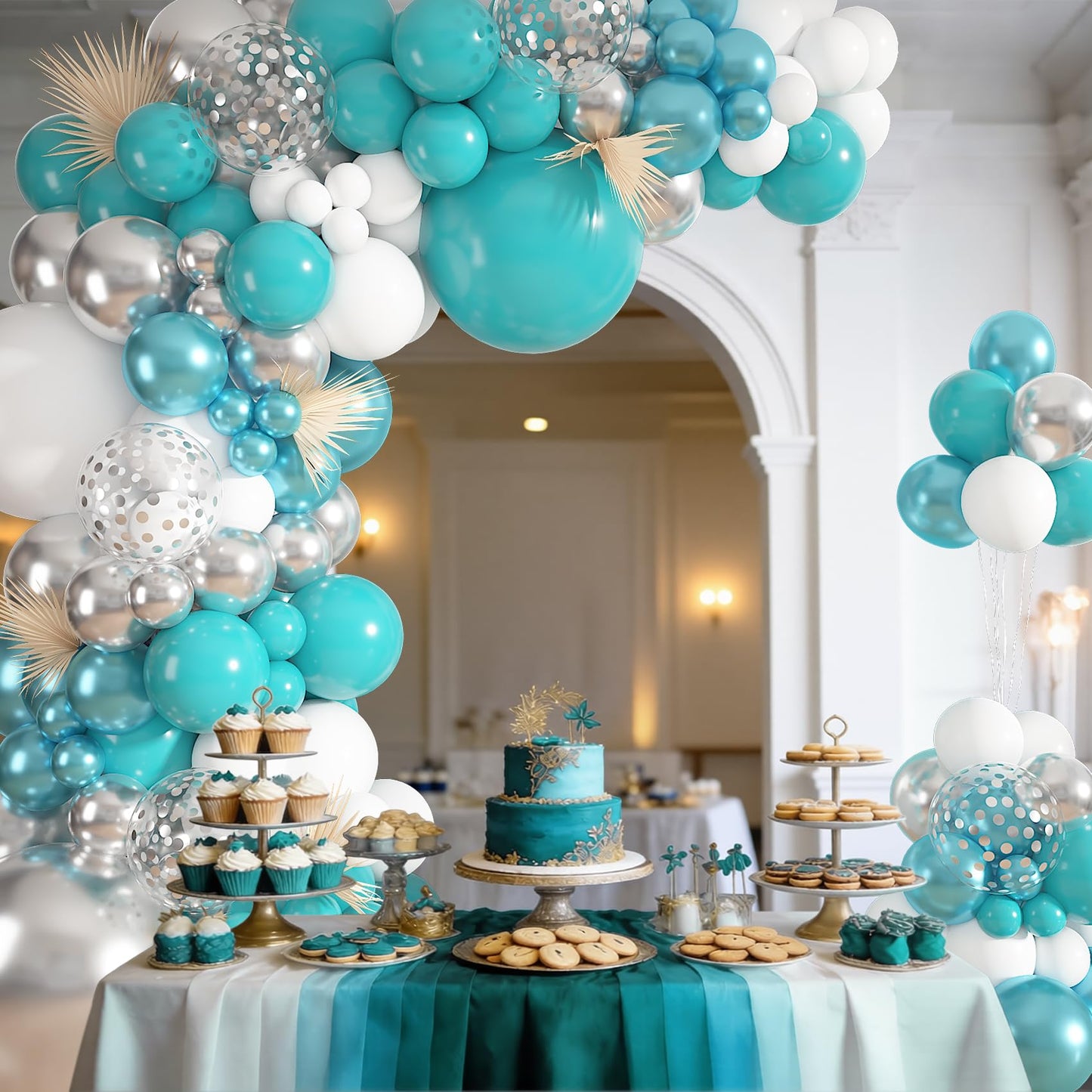 Ouddy Life Teal Silver White Balloons Arch Kit, 152 Pcs Turquoise Blue White Metallic Teal Silver Confetti Balloon for Graduation Wedding Bridal Baby Shower Birthday Anniversary Party Decorations