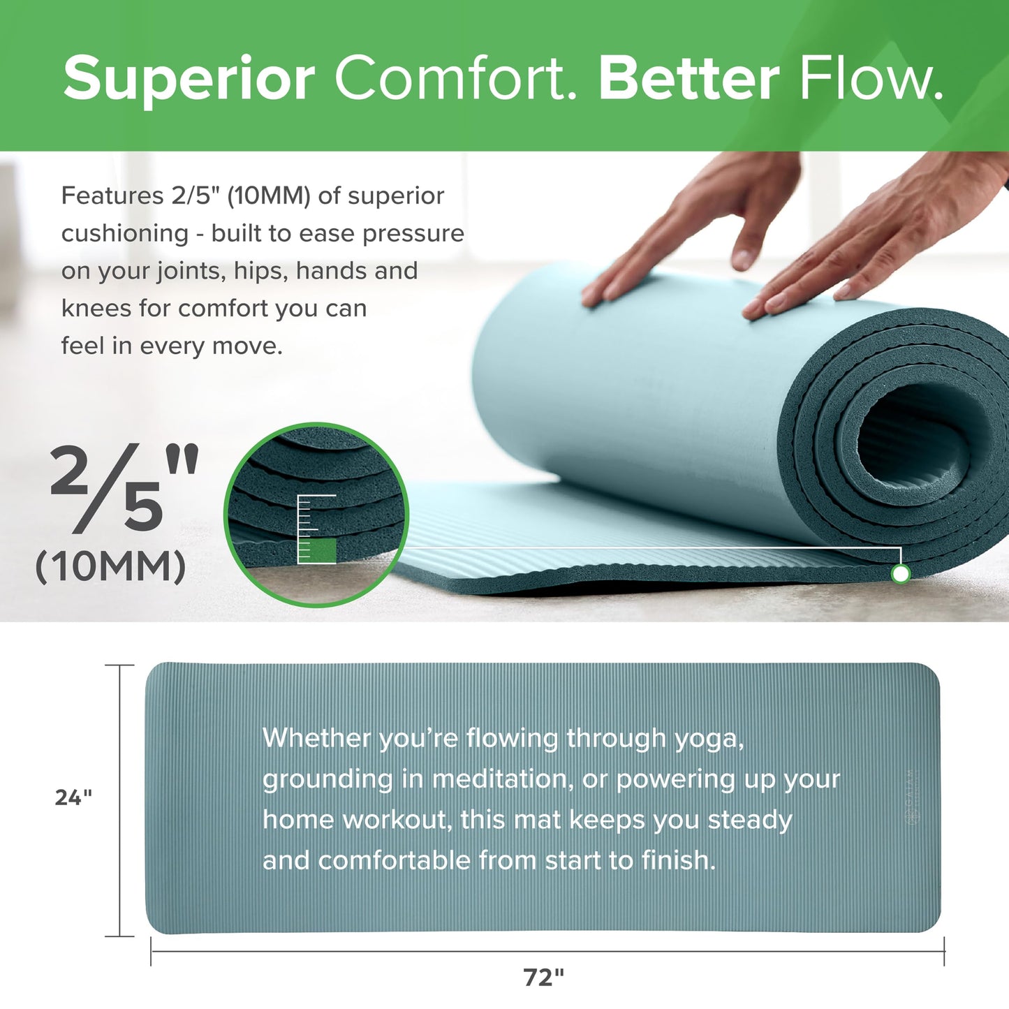 Gaiam Essentials Thick Yoga Mat Fitness & Exercise Mat With Easy-Cinch Carrier Strap, Teal, 72"L X 24"W X 2/5 Inch Thick