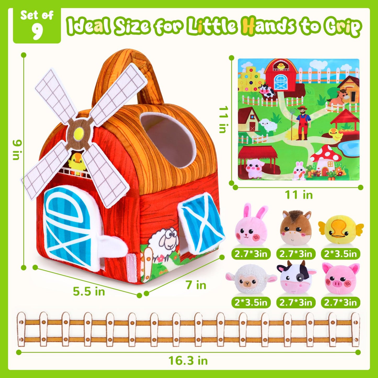Baby Toys 6-12 Months, Barn Farm Soft Stuffed Animal Set with Windmill Fence Rattle Crinkle Paper, Sensory Toys for Babies Toddlers Montessori Toys for 6 9 Months Old Boy Girl