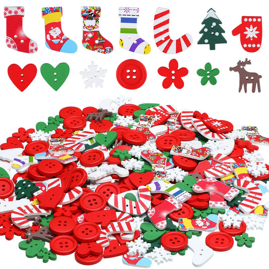 300 Pieces Christmas Wooden Buttons Cute Sewing Buttons Colorful Art Craft Buttons for Handmade Project, Mixed Sizes and Styles