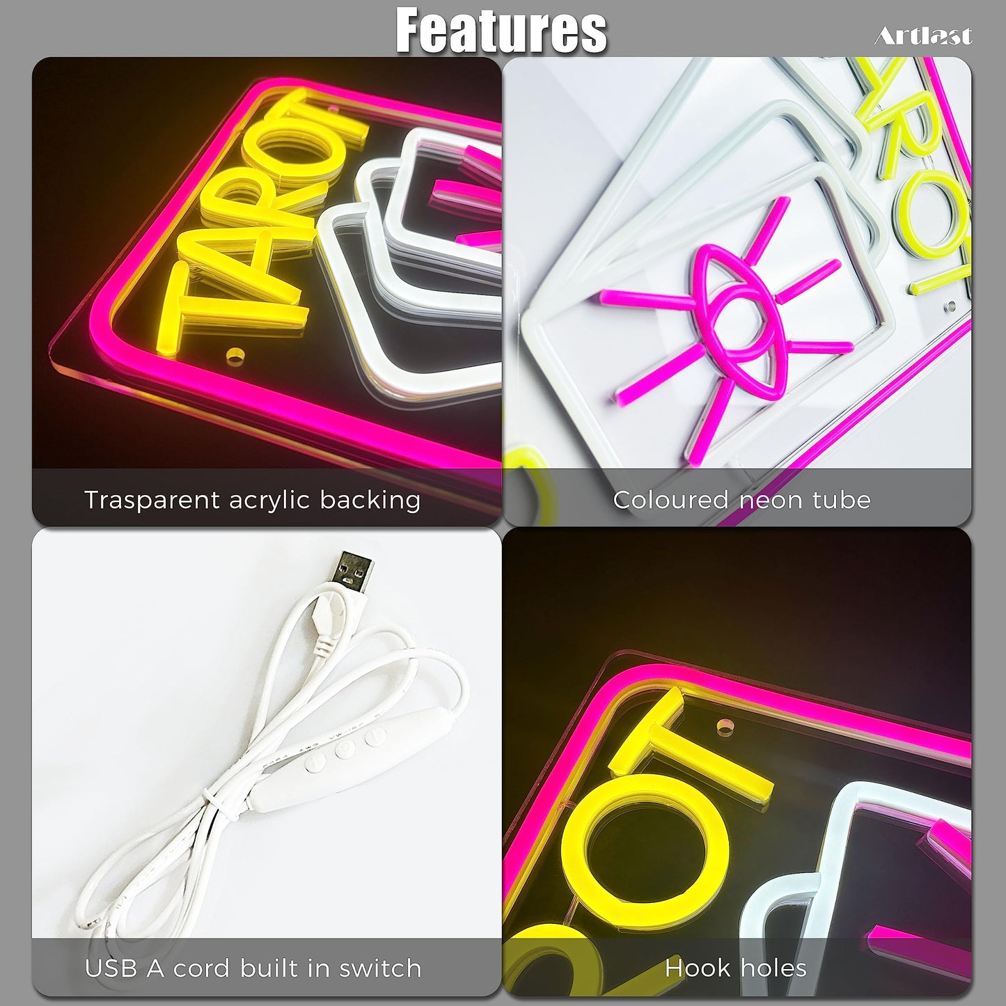 Artlast Tarot Cards Neon Sign, Pink LED Light for Room Wall Decor, Dimmable Switch, Acrylic Material, 10.24x14.88 inches, Indoor Neon Signage