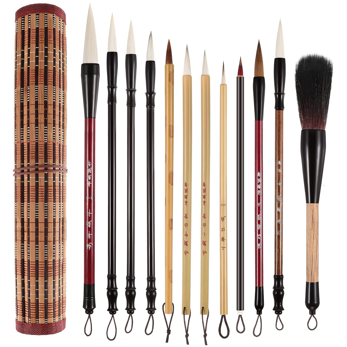 Marspark 12 Pieces Chinese Calligraphy Brushes Painting Writing Watercolor Ink Brushes Set for Kanji Japanese Sumi Drawing with Roll-up Holder