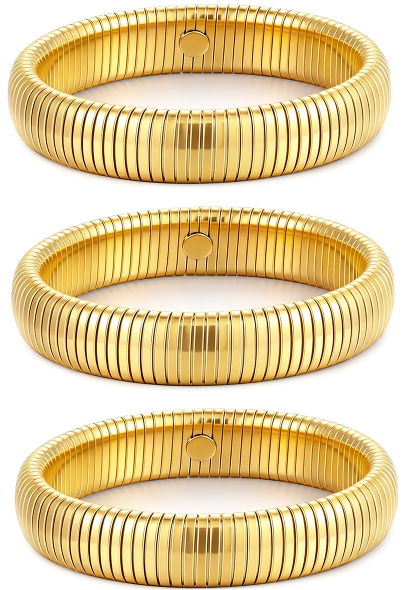 JUNYANGY Gold Bracelets for Women Set of 3 Gold Chunky Stretch Bangles Bracelets 24K Gold Plated Stainless Steel Bracelets Flexible Wide Stack Bracelets Designer Look Alike Jewelry for Women