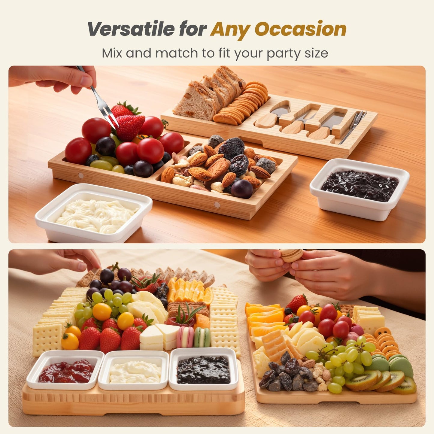 Large Charcuterie Board Set with Knife Set, 12.6" × 11.2" Square Fruit Tray, Bamboo Cheese Platter (Double-Drawer), Great for Group Gatherings, House Warming Gifts New Home, Birthday Gifts for Women