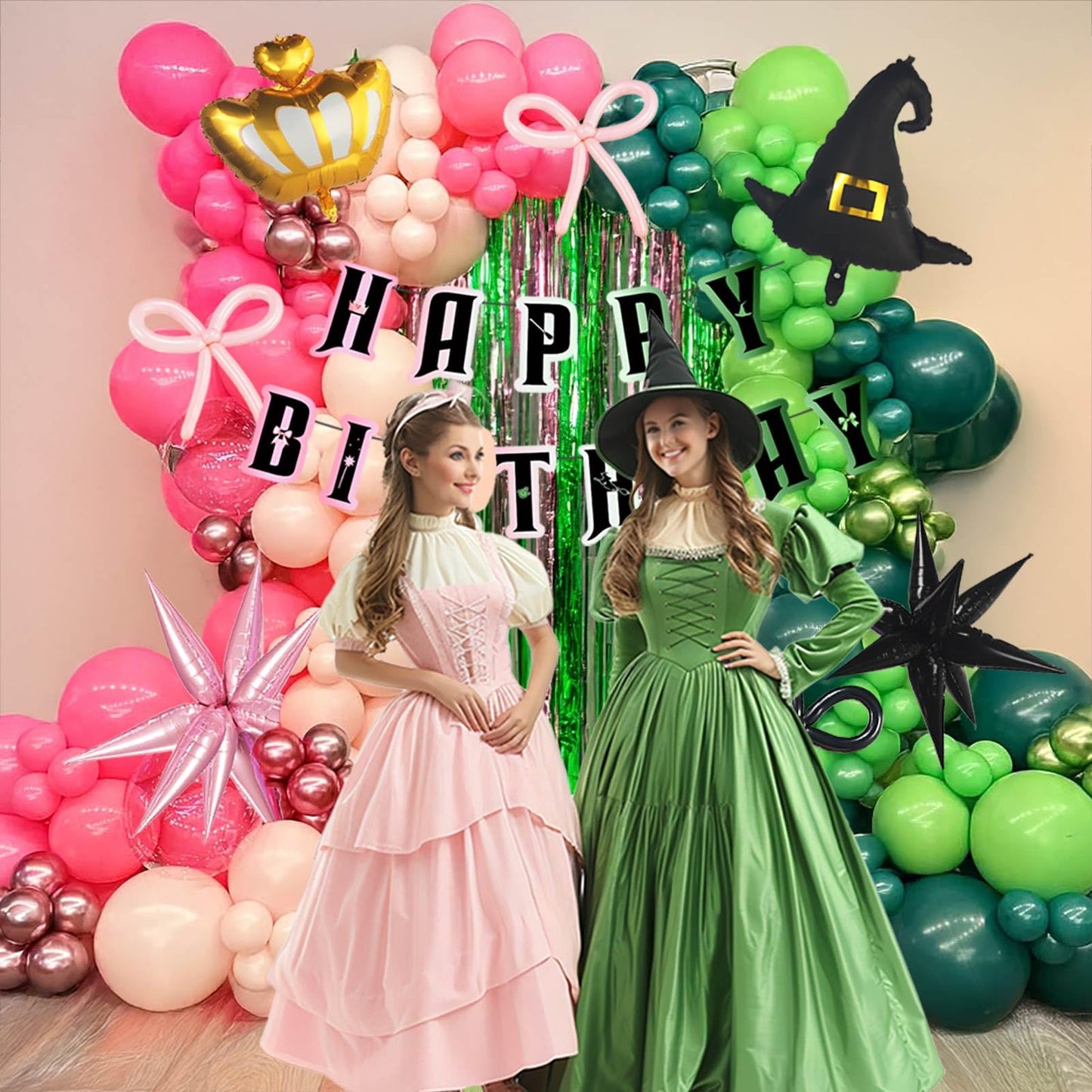 Green and Pink Balloon Garland Arch Kit, 120pcs with wizard hat star crown mylar balloon and Fringe Curtain Banner for Musical Theatre Witch Themed Birthday Baby Shower Decoration
