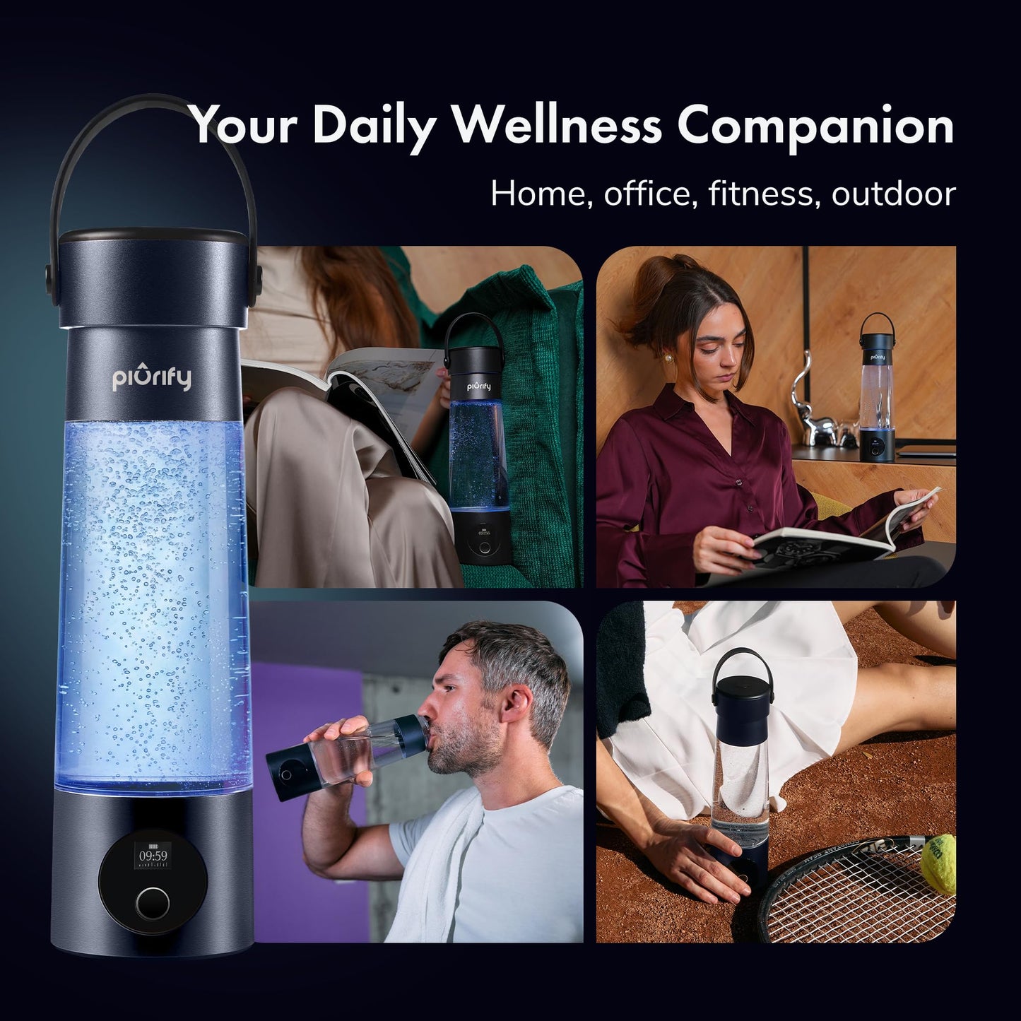 PIURIFY Hydrogen Water Bottle Generator | 17 OZ | UP TO 6,290 PPB H2 Molecular Hydrogen | SPE/PEM Electrolysis | Ergonomic Handle | Dual-Mode | 2200 mAh Battery | Certified by H2 Analytics | Dark Blue