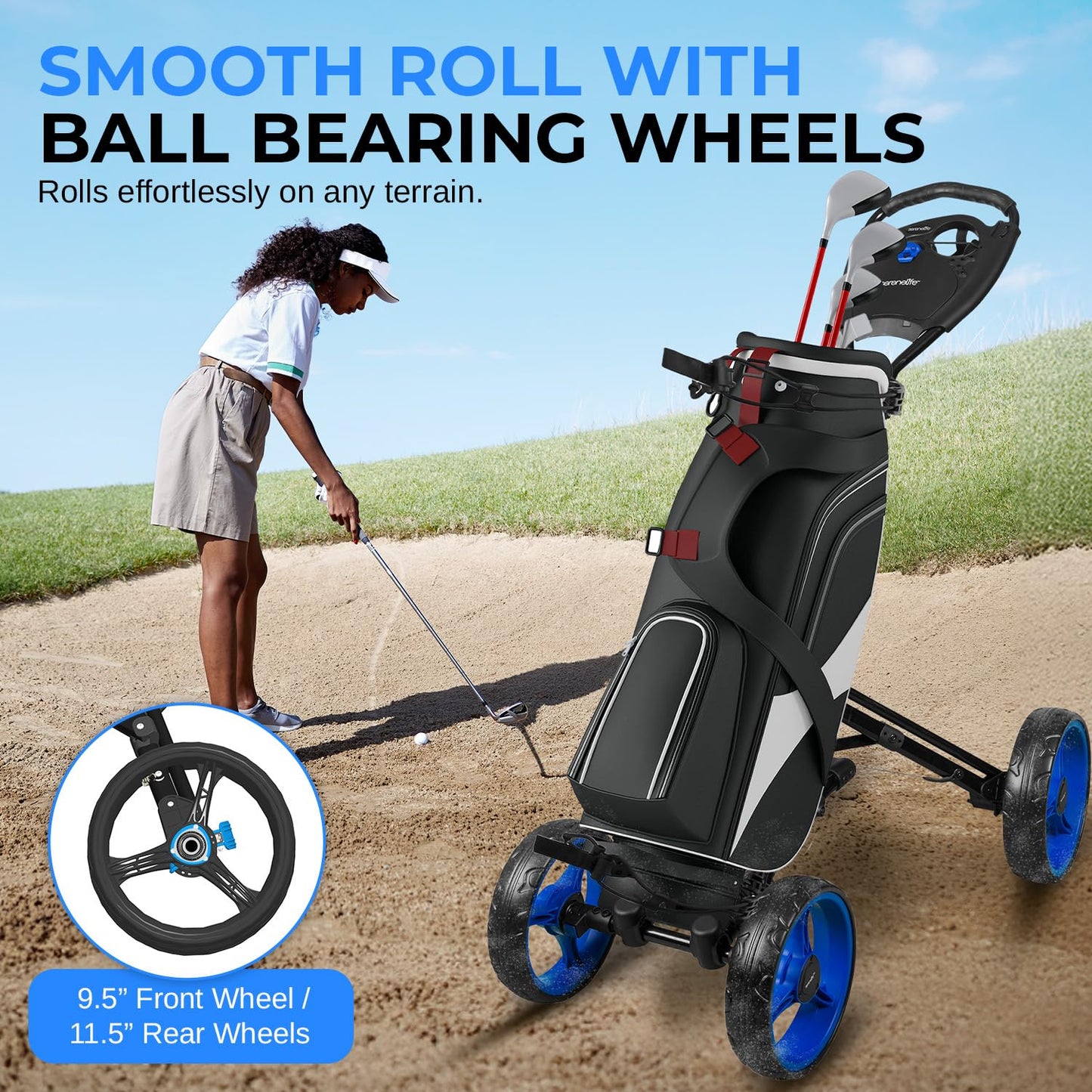 SereneLife 4 Wheel Golf Push Cart, Durable Aluminum Frame Folding Golf Hand Cart with Adjustable Handle, Brakes, Storage Holder, Lightweight and Collapsible Design for Easy Transport