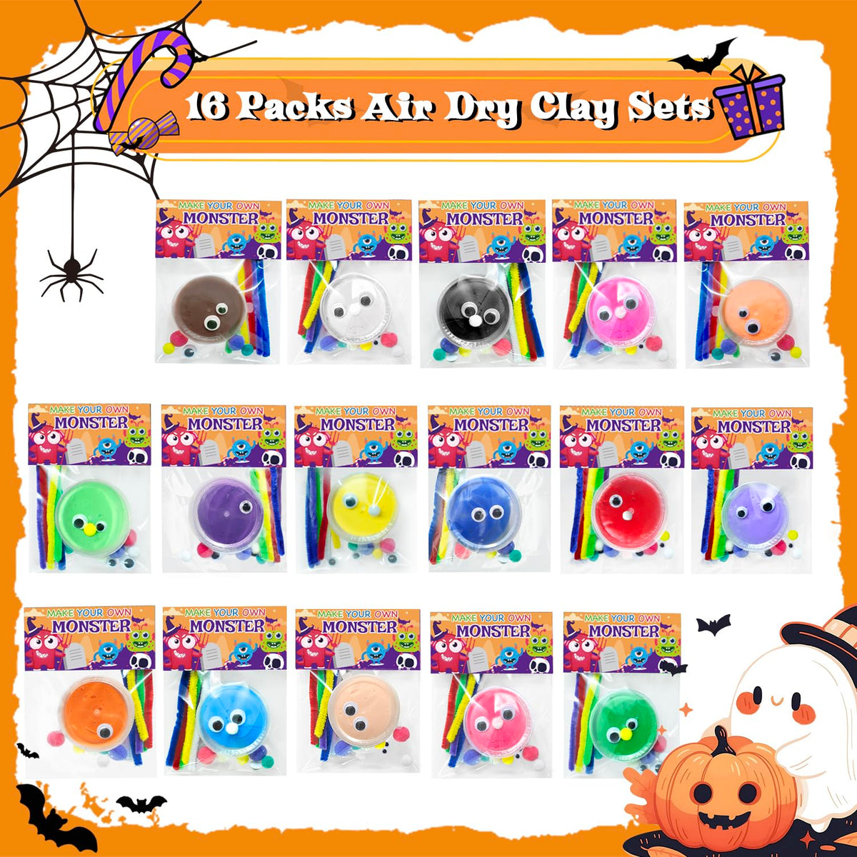 NAXYAN 16 Packs Halloween Party Favors DIY Halloween Monster Air Dry Clay Crafts Kits for Kids Halloween Treats Non Candy Toys Gifts Bulk for Classroom