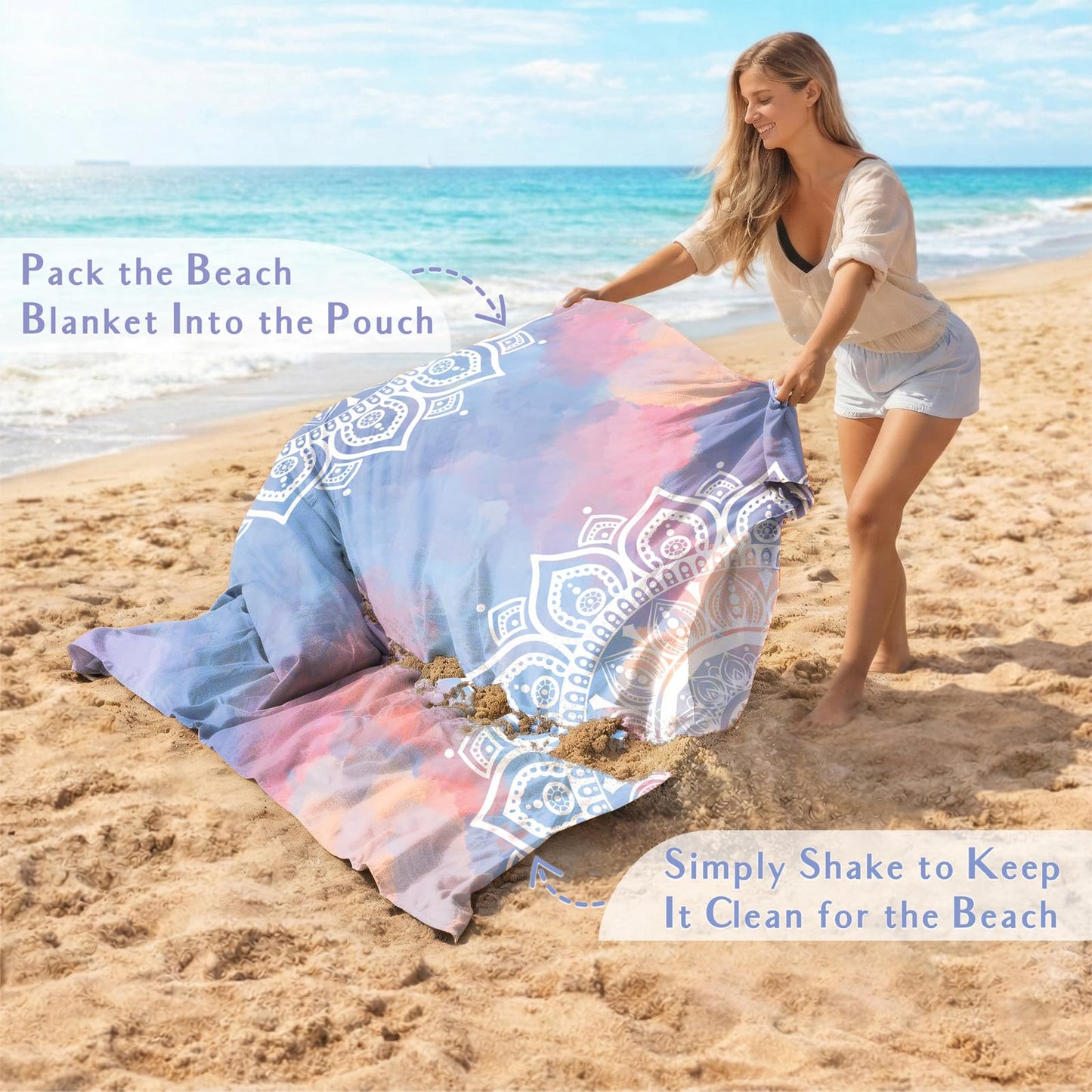 AlphaBeing Beach Blanket Waterproof Sandproof, Extra Large Beach Mat for 1–8 Adults, Oversized Picnic Blanket with 4 Stakes & Storage Bag, Essential Beach Gear for Travel (Mandala, 79“×83”)