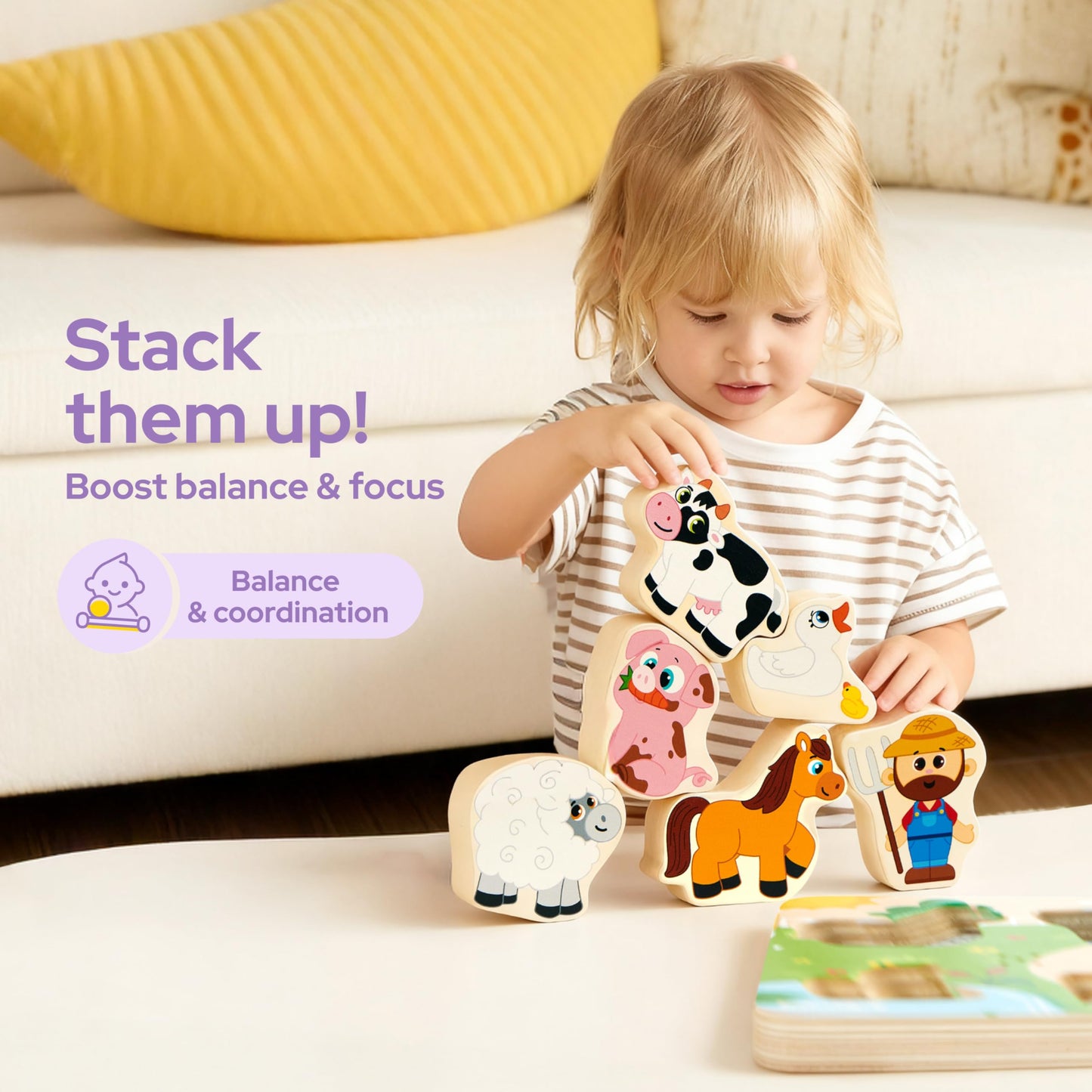 lalalark Musical Wooden Puzzles Toys, Tactile & Sound Farm Animal Toys for Baby 2-4, Montessori Educational Block Puzzles, Learning Toddler Kids Birthday Valentine Easter Gifts for Boys Girls