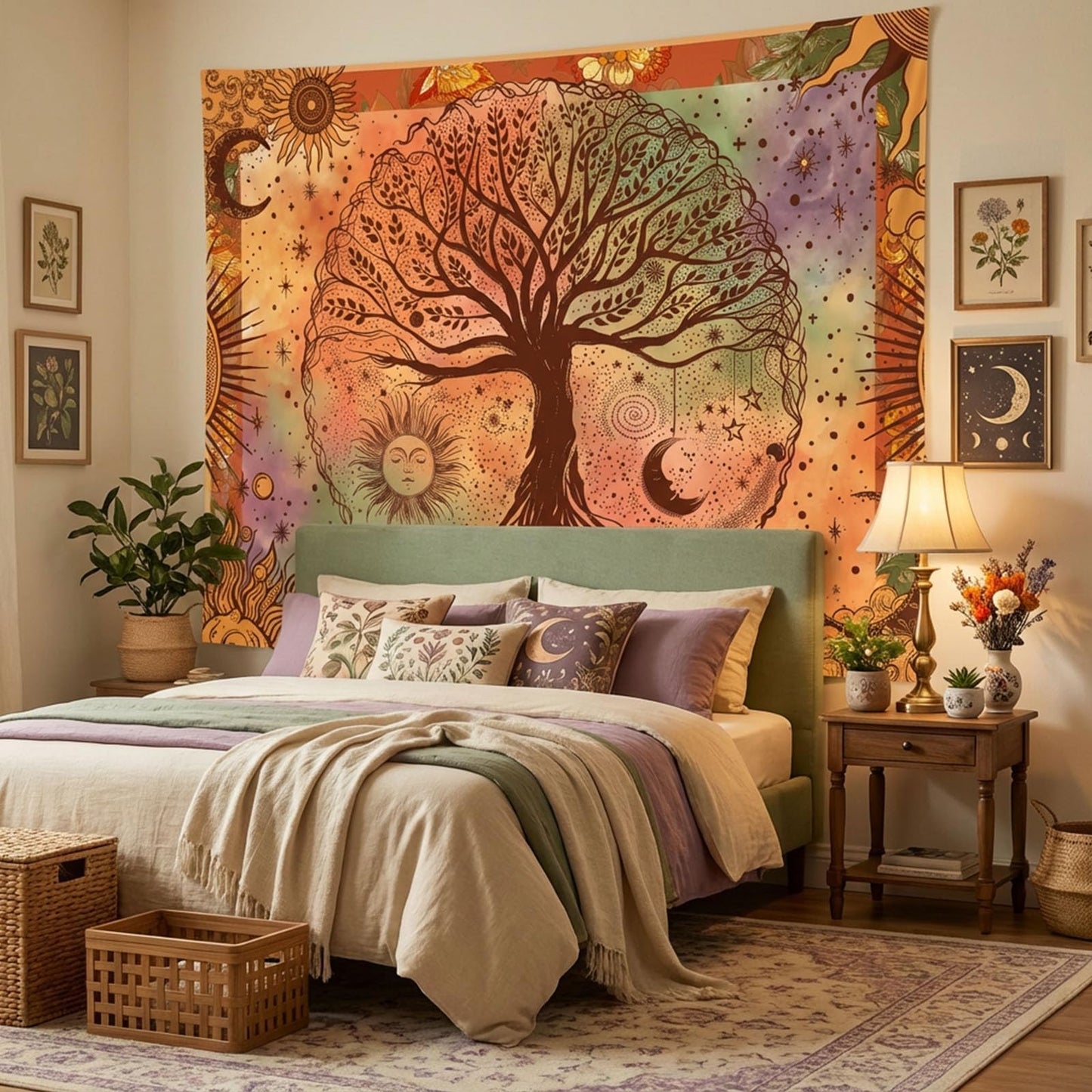 Lifeel Boho Orange Tree of Life Tapestry, Sun Moon Stars Aesthetic Nature Tapestries Home Decor for Living Room Bedroom, 36x48 inches