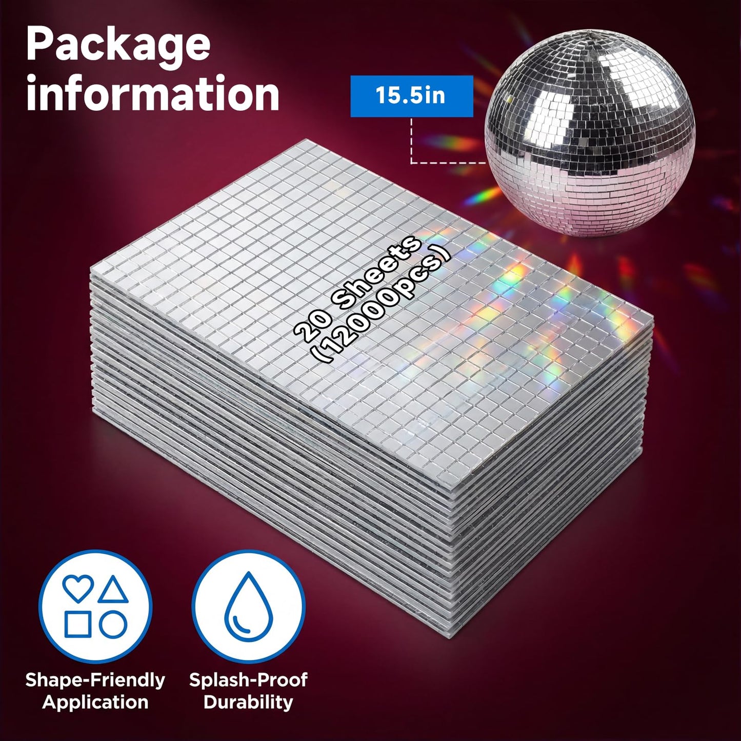 Yuanan 12000 PCS Disco Ball Mirror Tiles, 5×5 mm Self Adhesive Mirror Mosaic Tiles Bulk Glass Mosaic Stickers Extra Sticky for DIY Crafts, Flower Pots, Glassware, Cups, Party and Home