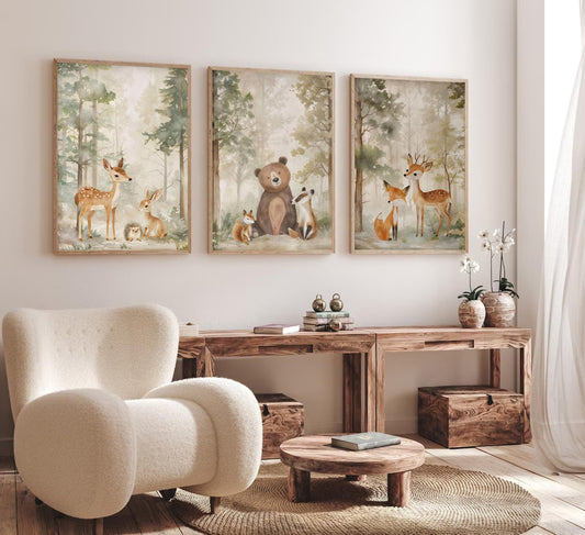 3Pcs Woodland Animal Nursery Canvas wall art Wild Animals Forest Paintings Pictures Wall Decor Fox Bear Deer Watercolor Poster Printing Artwork for Boys Room Girls Room Home Decoration Unframed