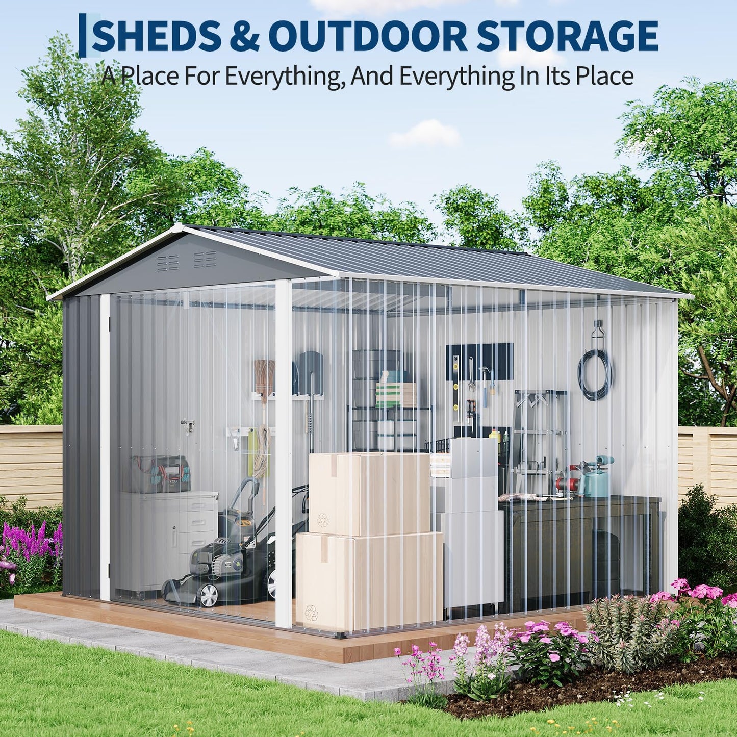 8x8 FT Metal Storage Shed, Outdoor Garden Tool Shed with Lockable Door and Air Vents, Steel Utility Storage for Backyard, Yard, Patio, Bike, Lawn Mower, Equipment