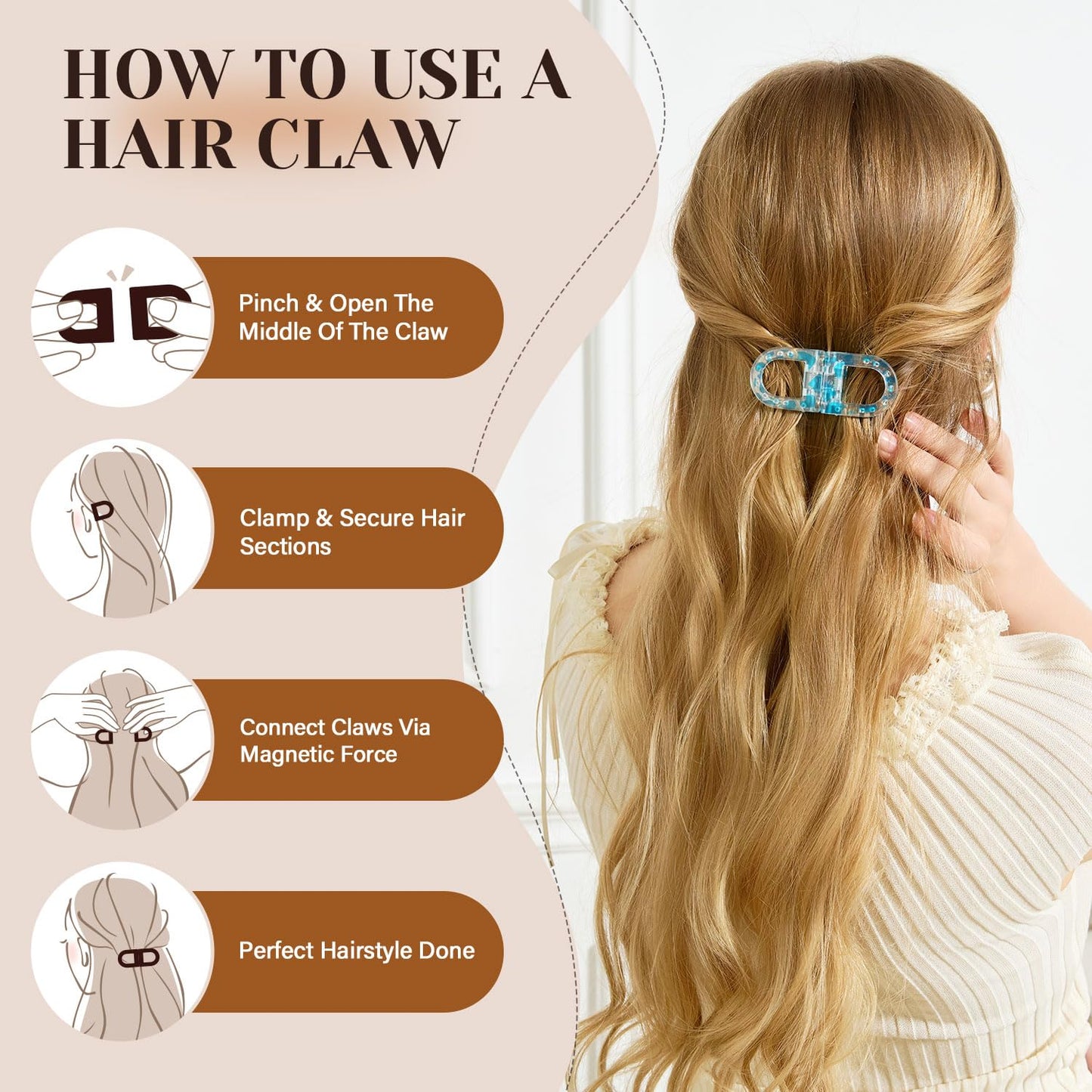 RCZETC Magnetic Hair Clips 2-Pack | Hair Clips for Styling & Thick Hair | Claw Clips & Barrettes for Women | Strong Hold Non-Slip No-Crease Hair Barrettes（Blue + Orange）