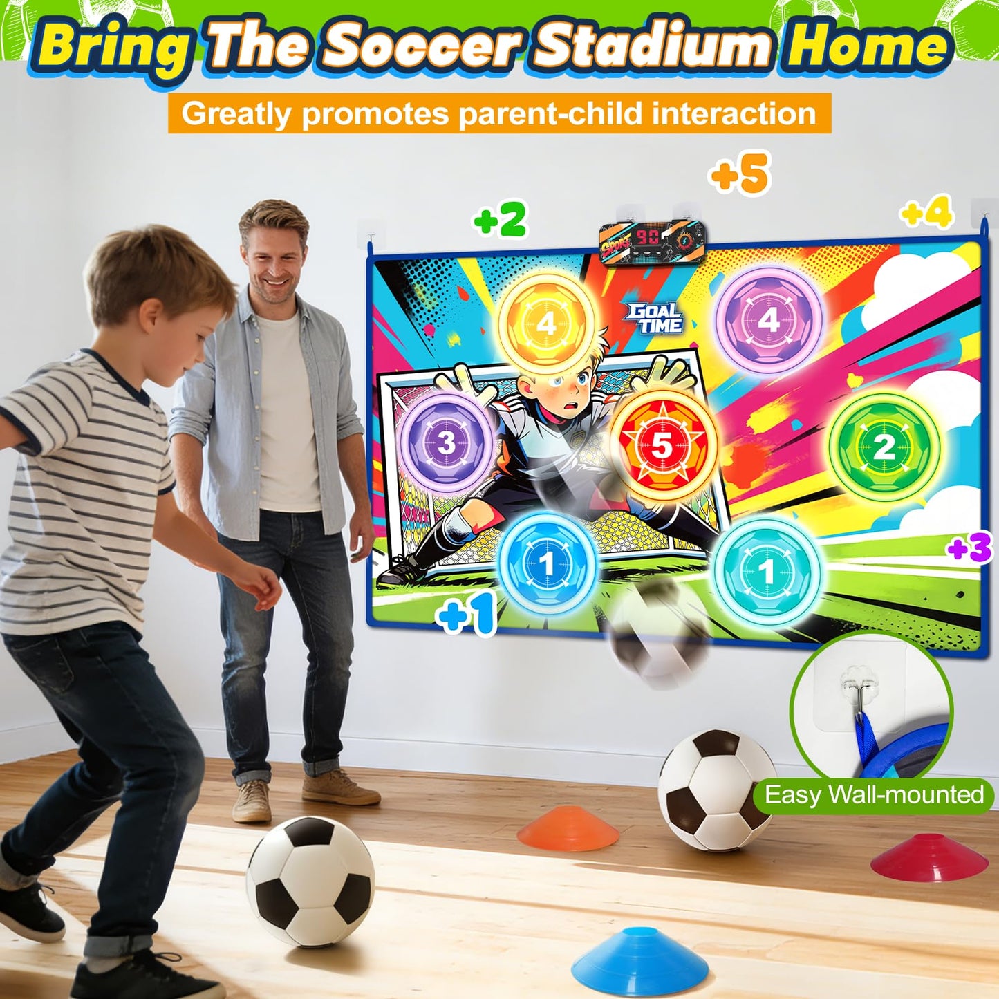 Electronic Scoring Soccer Toy Game Set for Kids with 5 Training Disc&2 Soft Balls,Indoor Outdoor Soccer Target Game Real-time Scoring 3 Modes Birthday Gifts for 3 4 5 6 7 8 9 10+ Years Old Boys Girls