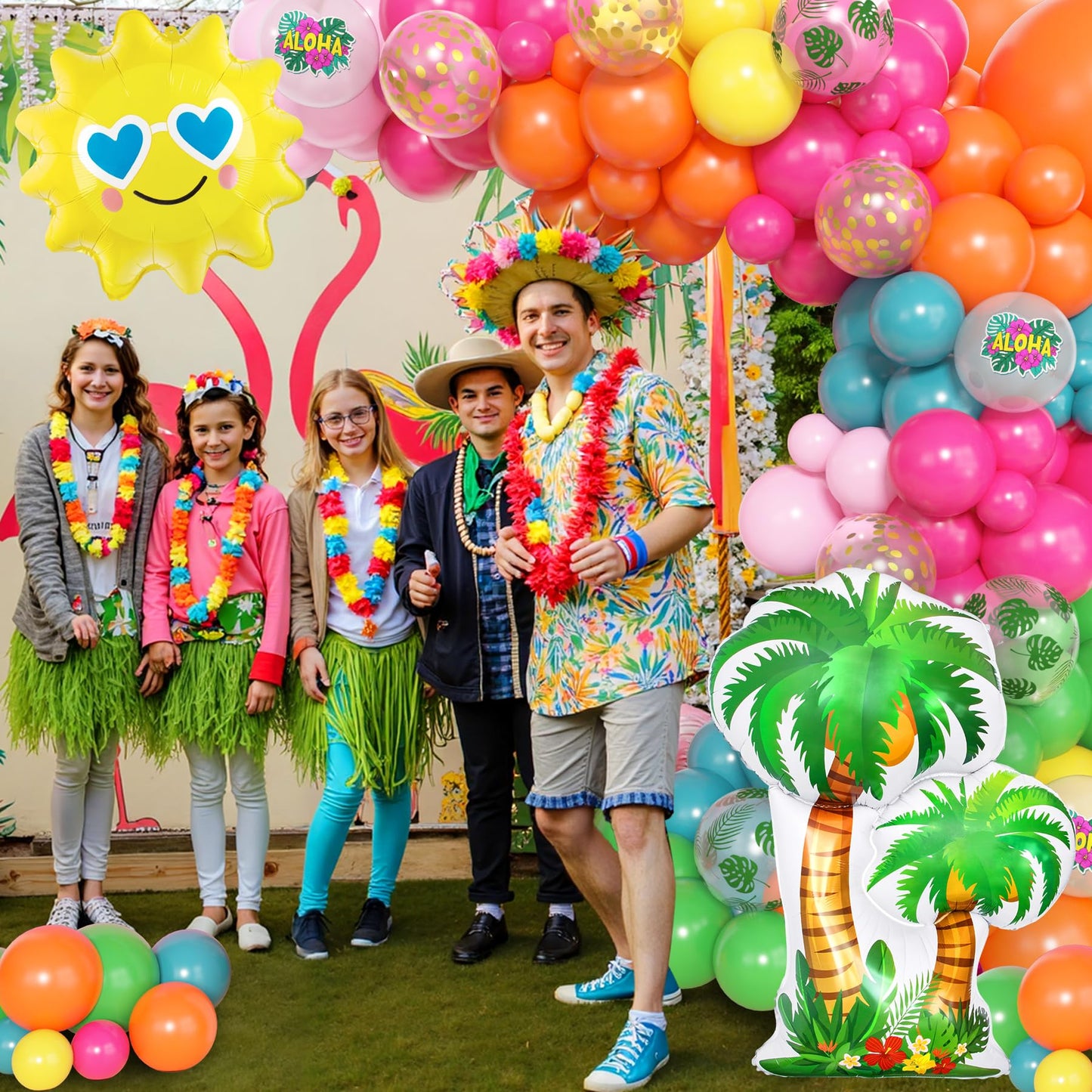 Amandir 165Pcs Summer Aloha Tropical Balloon Arch Garland Kit, Hot Pink Green Orange Blue Yellow Foil Coconut Sun Palm Leaves Neon Rainbow Balloons for Hawaiian Luau Pool Birthday Party Decorations