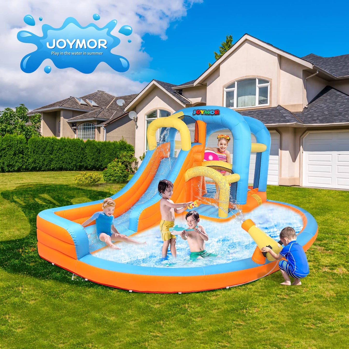 JOYMOR 5-in-1 Inflatable Water Slide Park, Water Bounce House w/Air Blower, Climbing Wall, Double Jump Area, Splash Pool, Water Cannon, Wet or Dry Combo Castle Outdoor Backyard Playhouse for Kids