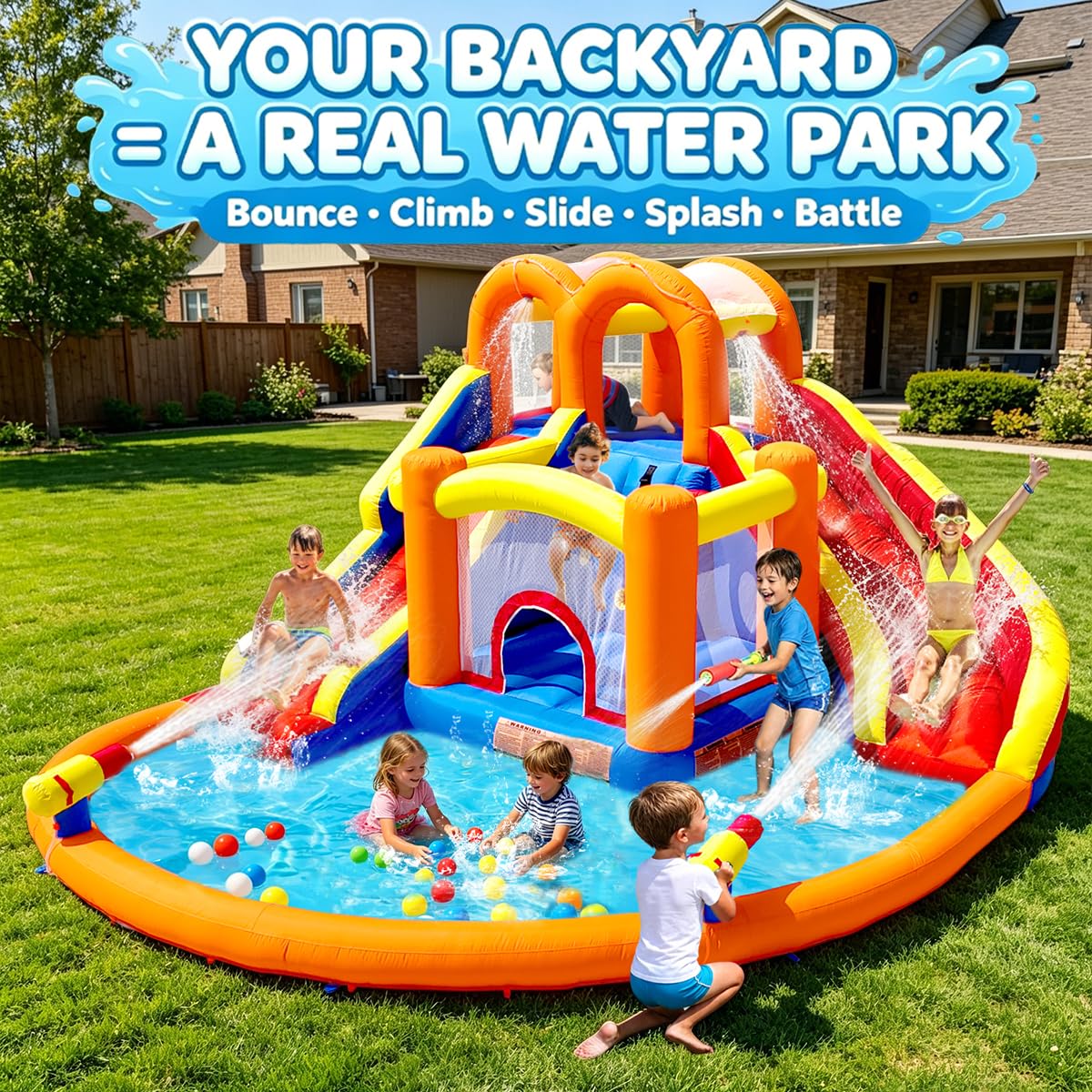 HuaKastro [Upgraded Version] Bounce House Water Slide Combo for Big Kids 8-12, Water Bounce House with Dual Long Slides & Big Splash Pool, Backyard Water Park for Kids 3-12