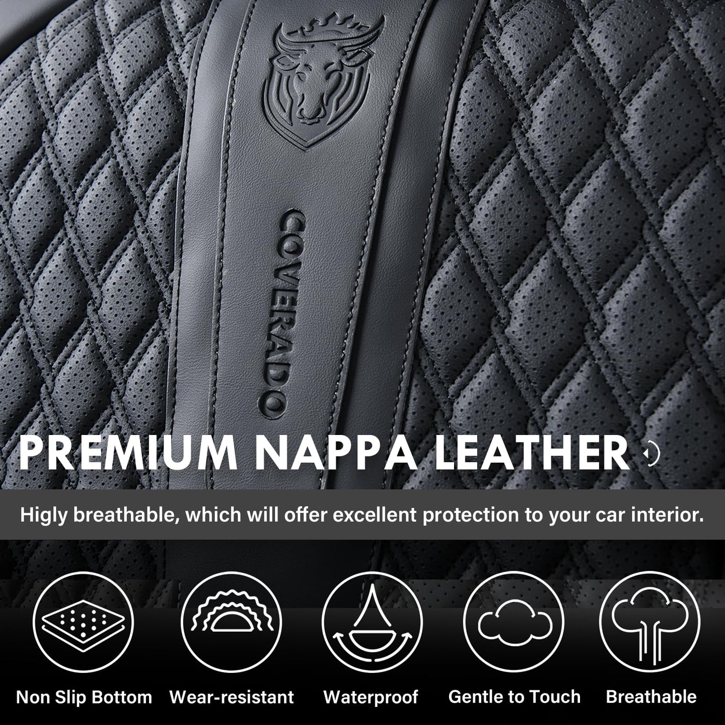 Coverado Car Seat Covers Full Set, Black Seat Covers for Car with Lumbar Support, Nappa Leather Seat Covers Waterproof Car Seat Protectors Universal Fit for Most Cars SUV Trucks