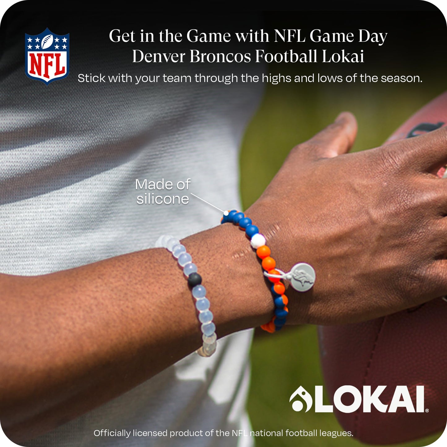 Lokai Silicone Beaded Bracelet for Men & Women, NFL Football Collection - Denver Broncos, Medium - Silicone Jewelry Fashion Bracelet Slides-On for Comfortable Fit