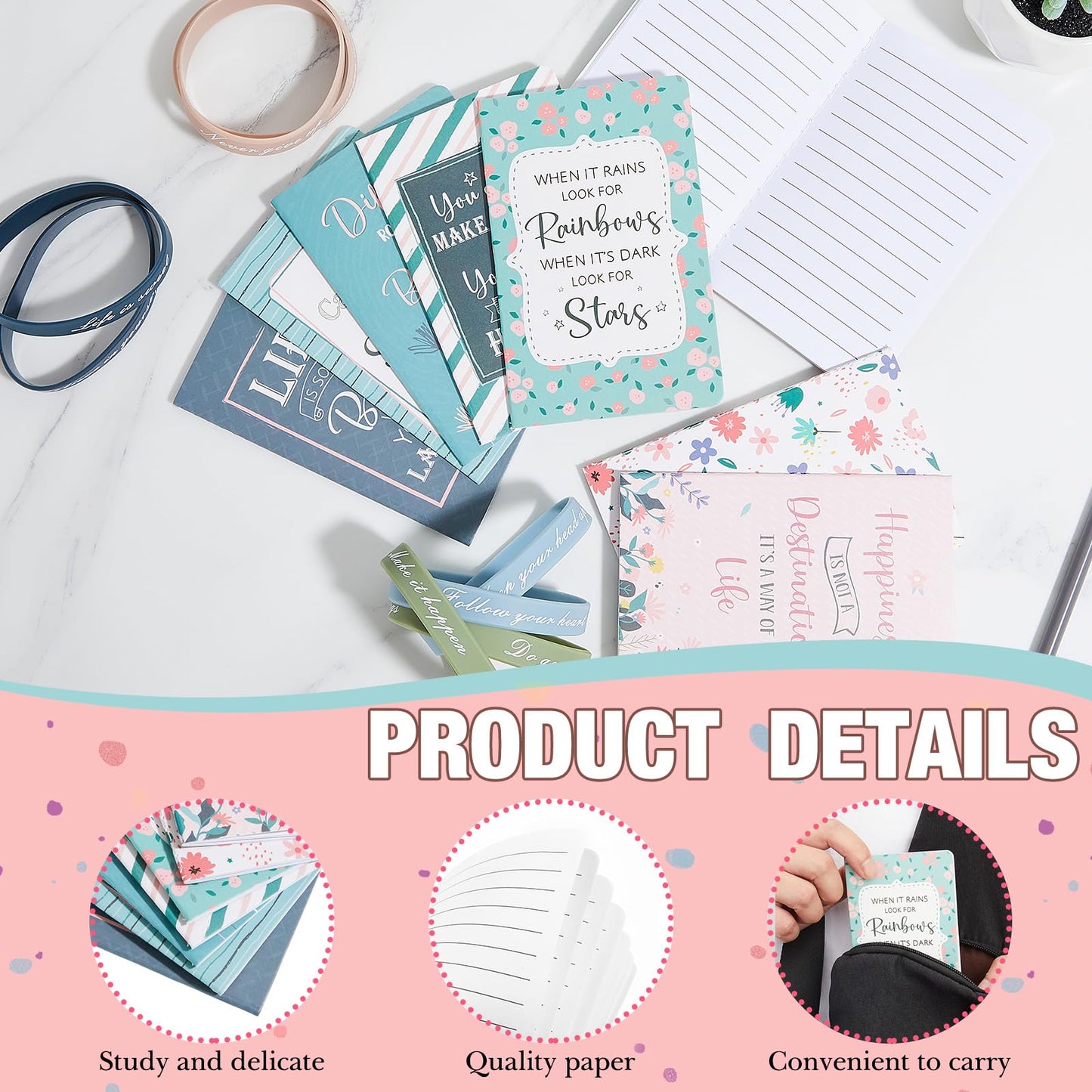 PerKoop 64 Pcs Inspirational Gifts Bulk 16 Motivational Notebooks Journal 16 Ballpoint Pens 16 Wristbands 16 Keychains for Teacher Office Women Employee Party Favor(Morandi)