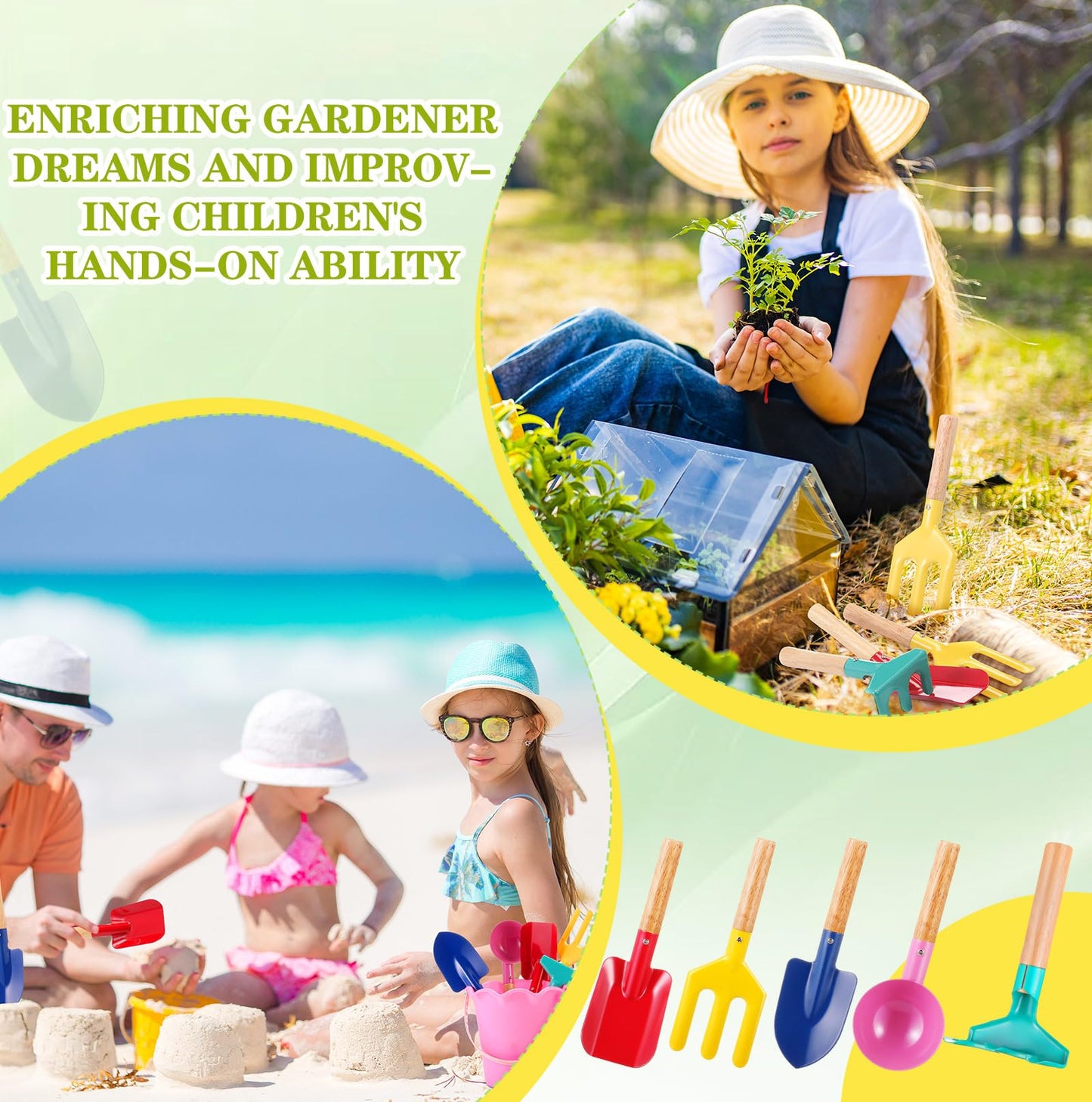 Motionchic 30 Pcs Children Beach Sand Toys Kids Gardening Tools Set Metal Including Shovel, Rake, Fork and Trowel, Summer Beach Sandbox Digging Toys for Kid with Wooden Handle Hoe Outdoor Gift