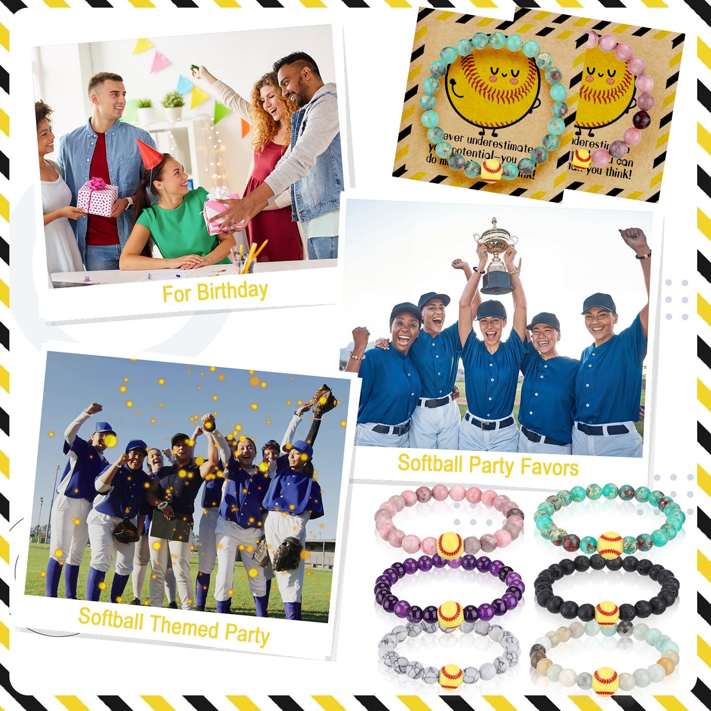 Tondiamo 6 Set Basketball Softball Inspirational Team Gifts Bulk Lava Stone Bracelet Motivational Card Bracelet Senior Night Sport Party Favors for Player Sport Lover (Softball)