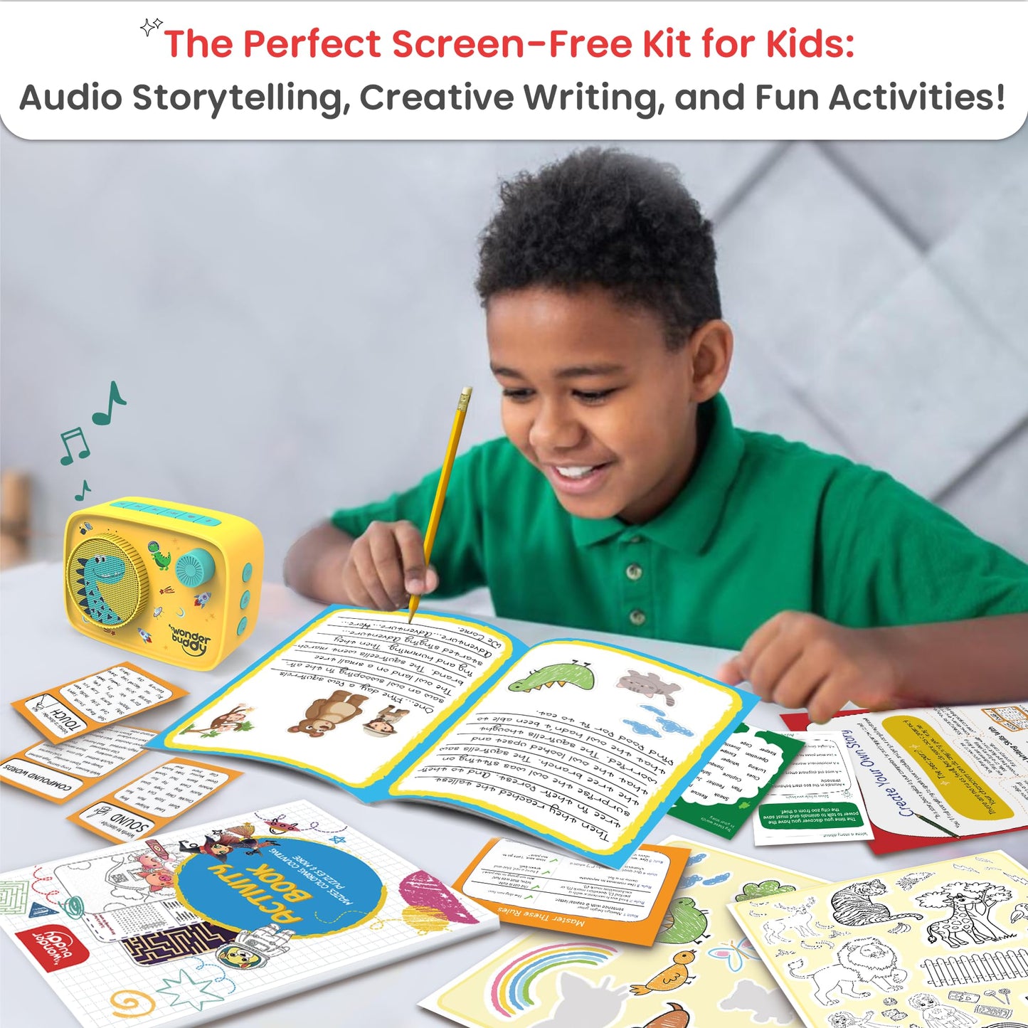 WonderBuddy Kids Story Box Audio Player, 500+ Preloaded Stories & Rhymes, Story Writing DIY Art Kit, Voice Recorder, Content Upgrade, Bluetooth, Birthday Gift for Boys Girls 3+ Years- Dino