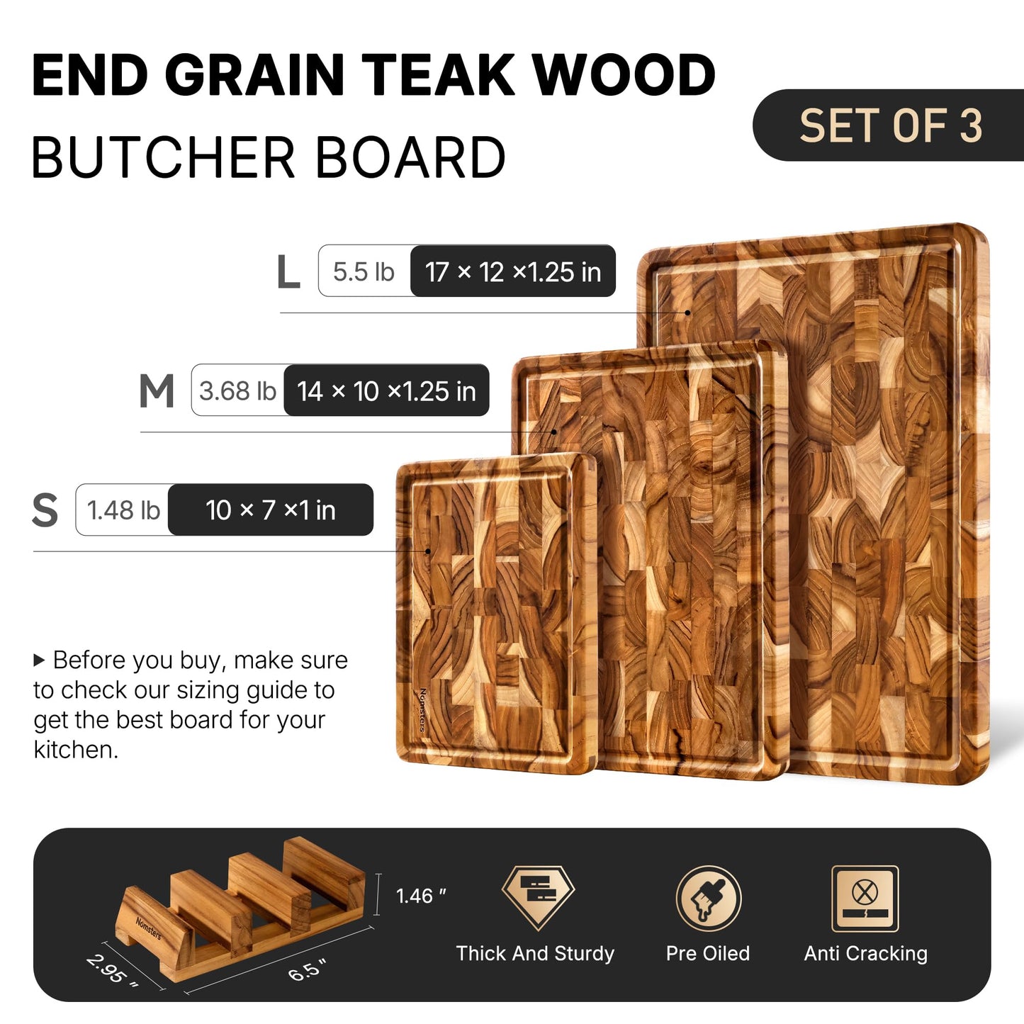 Teak Wood End Grain Cutting Board Set of 3 with Non-slip Feet, Reversible Cutting Boards for Kitchen with Juice Grooves and Handles Non Toxic Chopping Board Butcher Block Serving Tray Kitchen Sets