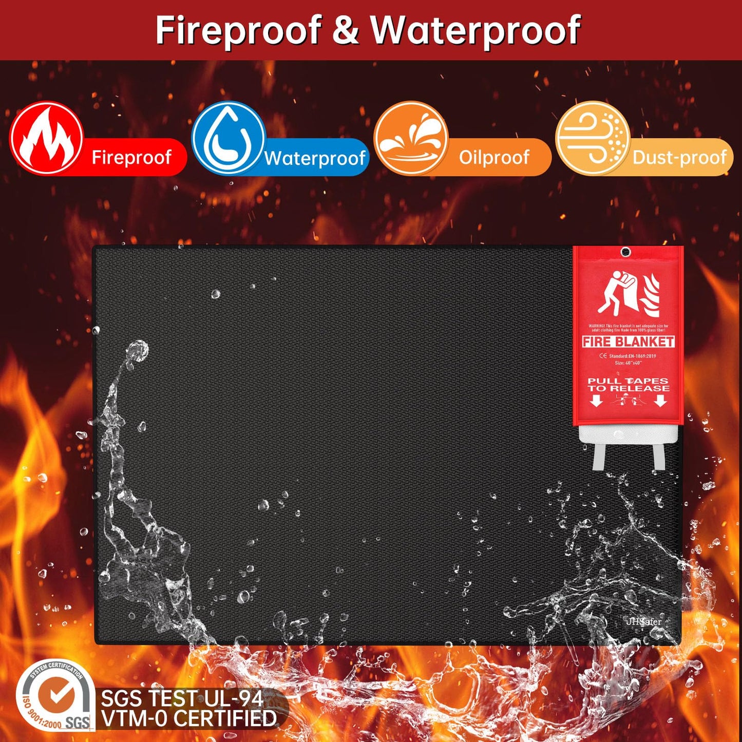 JHSafer Large 76" x 52" Under Grill Mat with 40" x 40" Fire Blanket, Double-Sided Fireproof Grill Pad for Outdoor Grill,Indoor Fireplace Fire Pit Mat, Waterproof Oilproof BBQ Mat for Deck Patio Lawn