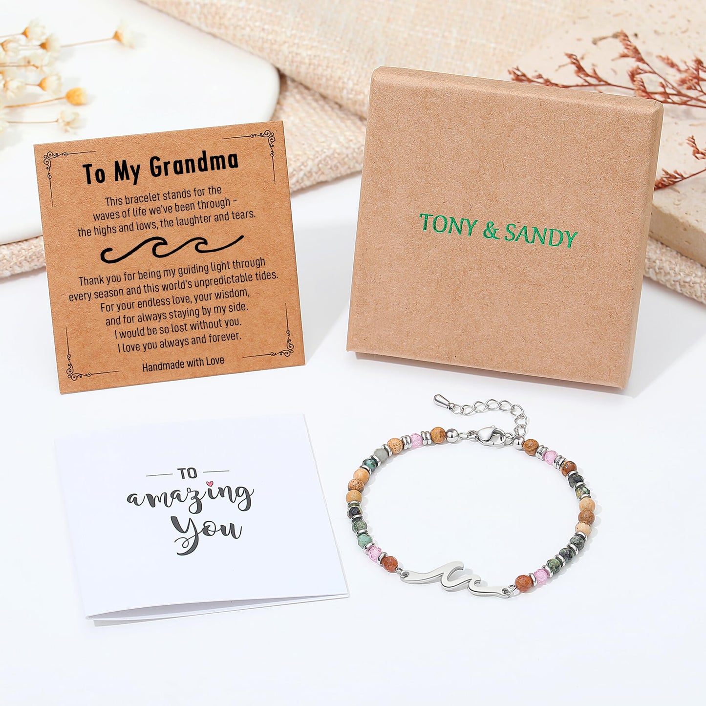 TONY & SANDY Grandma Bracelet, Grandma Birthday Gifts from Granddaughter, Grandmother Wave Bracelet for Women, Unique Mother’s Day Gifts for Grandmother Valentines Day Gift for Her