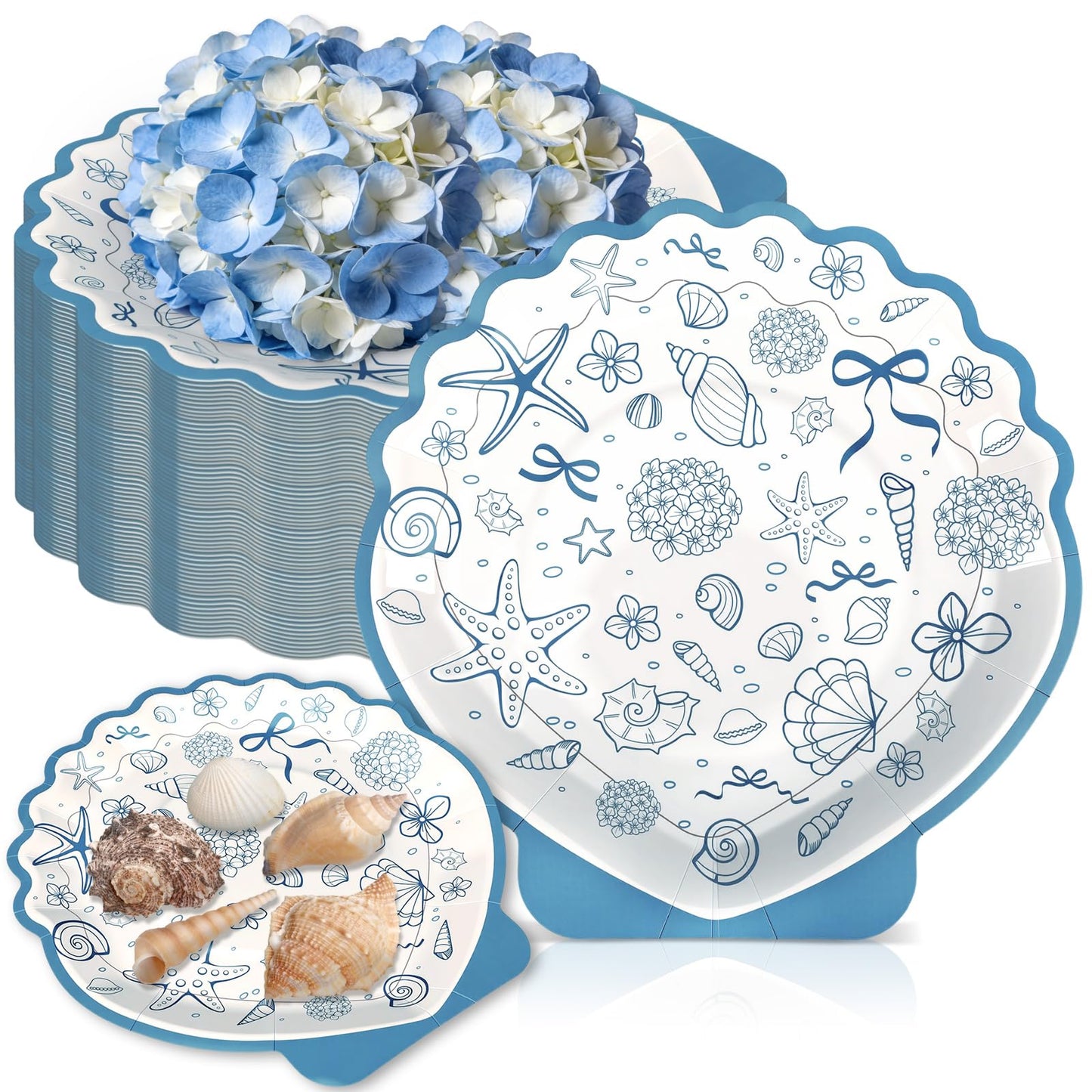 Acellegic 40pcs 7inch Seashell Paper Plate Ocean Seashell Beach Coastal Party Supplies Disposable Blue Bow Hydrangea Starfish Plate Seaside Favor for Summer Beach Wedding Bridal Shower Birthday Party