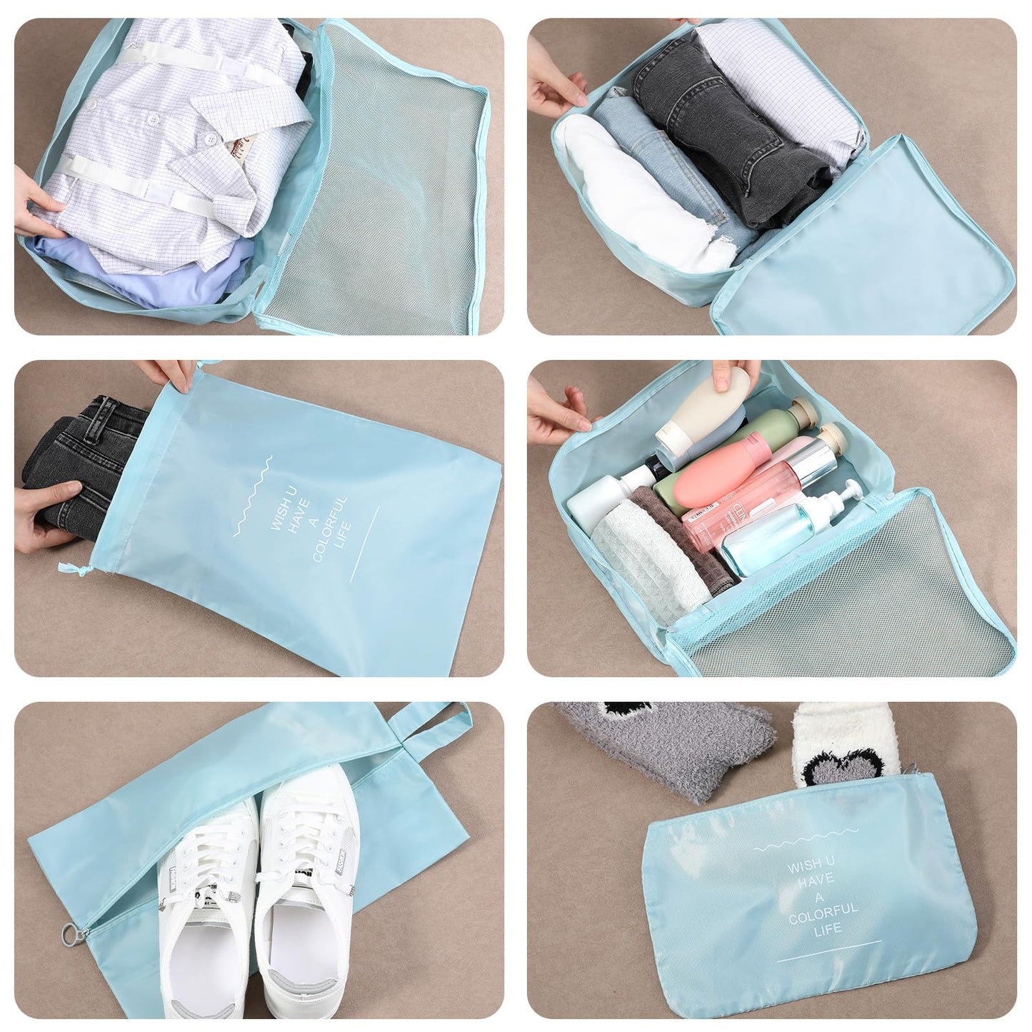 PercyEffie 28 Set Packing Cubes for Travel Luggage Organizer Bags Foldable Travel Organizers with Mesh Shoe Bags Toiletry for Suitcases Family Trips Camping (Beige Gray Pink Light Blue)