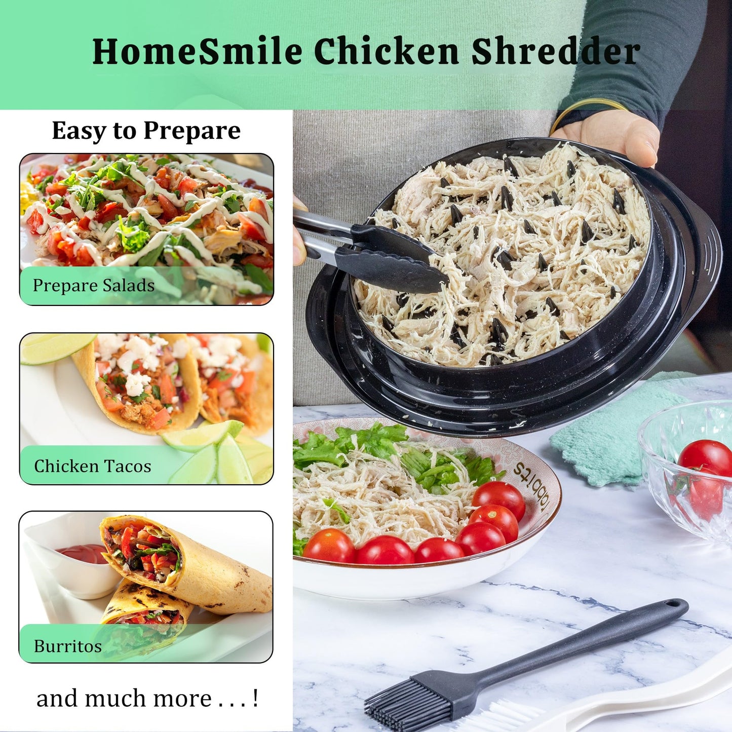 Chicken Shredder Tool Twist Large - 5Pcs Set, 10'' Chicken Meat Breast Shredder with Transparent Lid, BPA Free, Heat Resistant, Anti-Slip Strip, Tongs, Cleaning Brush, Oil Brush, Coral Fleece Cloth