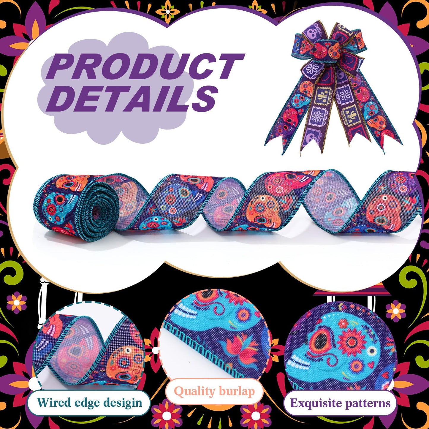 6 Rolls 30 Yards Days of The Dead Ribbons 2'' Mexican Dia De Los Meurtos Ribbon Wired Edge Sugar Skull Papel Picado Skeleton for Wreath Bows DIY Craft Gift Wrapping Halloween Mexican Party Supplies