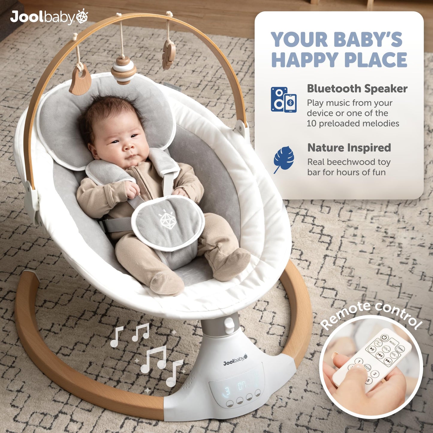 Jool Baby Nova Nature Baby Swing for Newborns with Natural Wood Toys, Electric Motorized Infant Swing, Bluetooth Music, Remote (Gray)