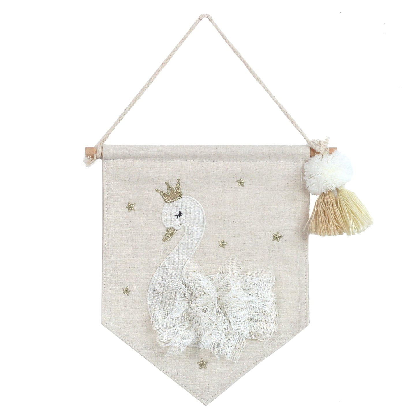MON AMI Embroidered Swan Hanging Wall Canvas Banner | 10-Inch Plush Wall Décor for Nursery & Kids’ Room | Elegant Swan Design with Tassels | Whimsical Gift for Baby Showers & Birthdays