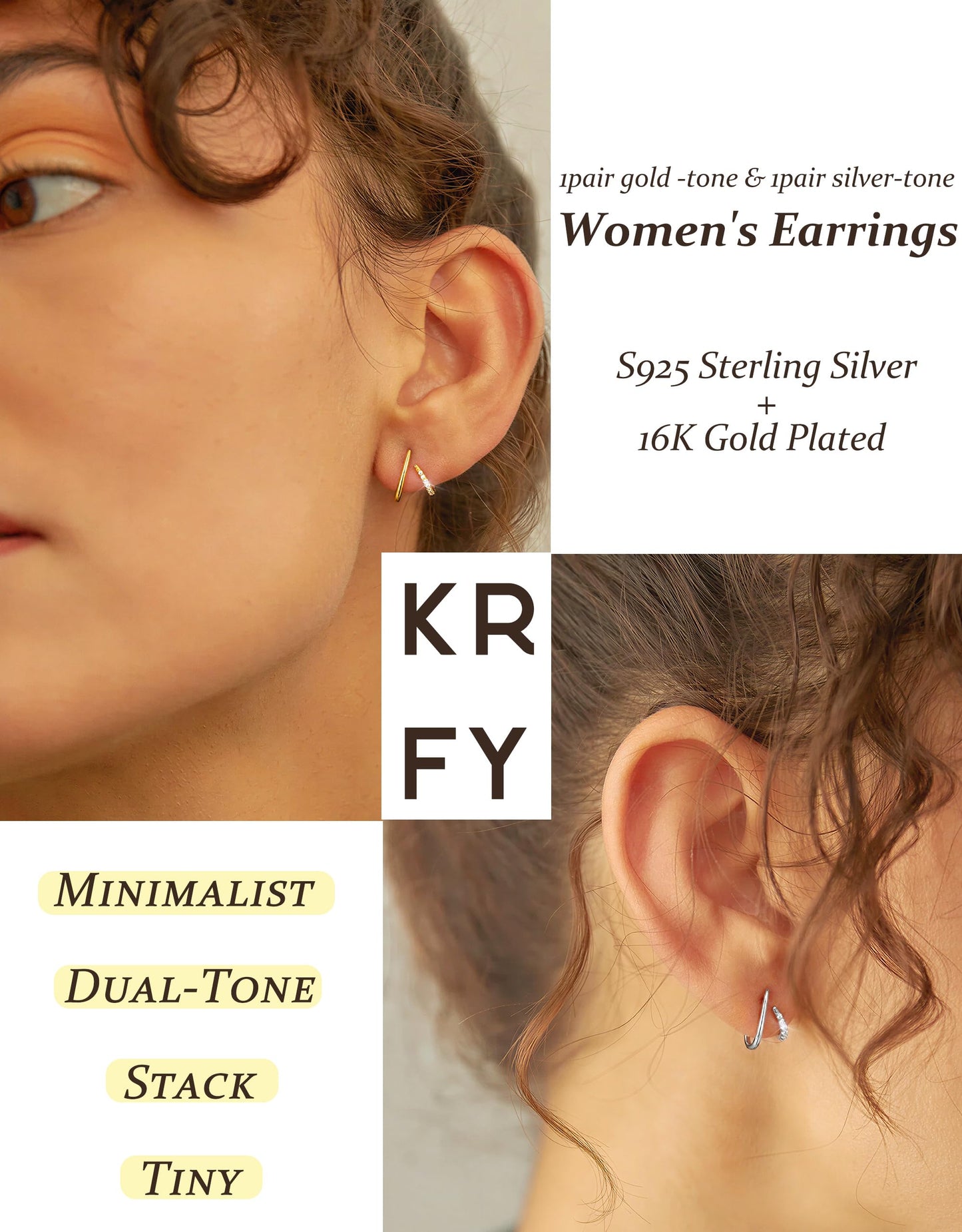 KRFY 2 Pairs Stud Earrings for Women, 16K Plated Gold Earrings for Women Trendy S925 Sterling Silver Post, Dainty Hypoallergenic Silver Earring Jewelry with Clear CZ No Tarnish