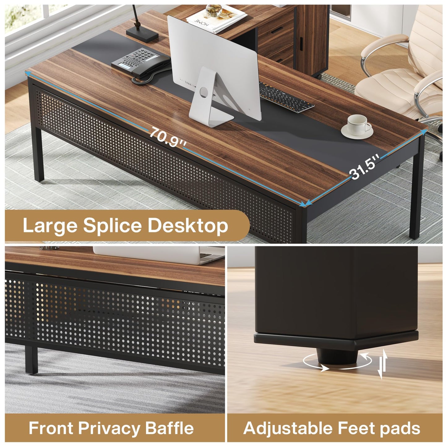 Tribesigns 71 inch Executive Desk, L Shaped Desk with Mobile File Cabinet, Executive Office Table with 2 Drawers and Storage Shelves, Business Furniture Workstation for Home Office, Walnut and Black