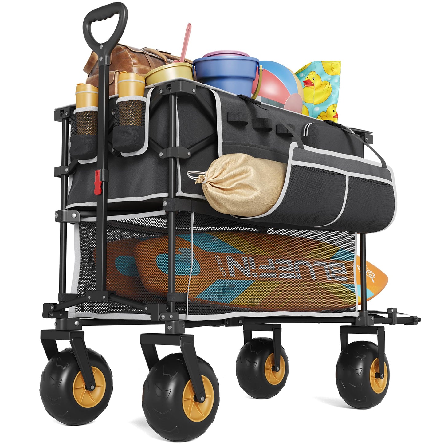 VELUVIA Double Decker Beach Wagon - 500LBS Heavy Duty Beach Cart with 9" Big Balloon Wheels for Sand, All Terrain Sports Wagon Foldable for Family Camping, Fishing, Garden, Outdoor Use, Black