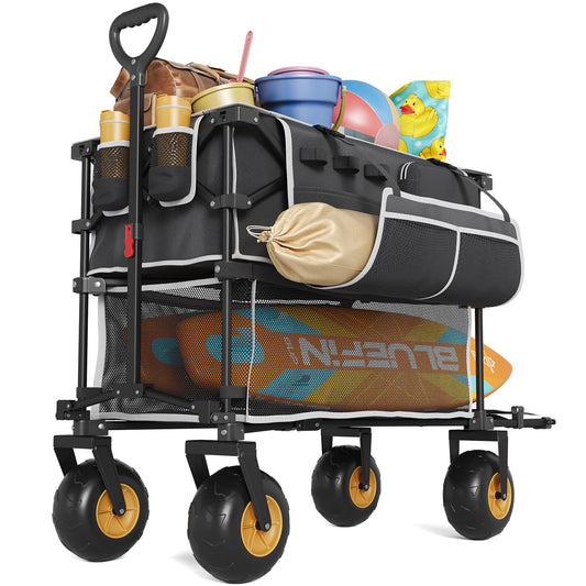 VELUVIA Double Decker Beach Wagon - 500LBS Heavy Duty Beach Cart with 9" Big Balloon Wheels for Sand, All Terrain Sports Wagon Foldable for Family Camping, Fishing, Garden, Outdoor Use, Black