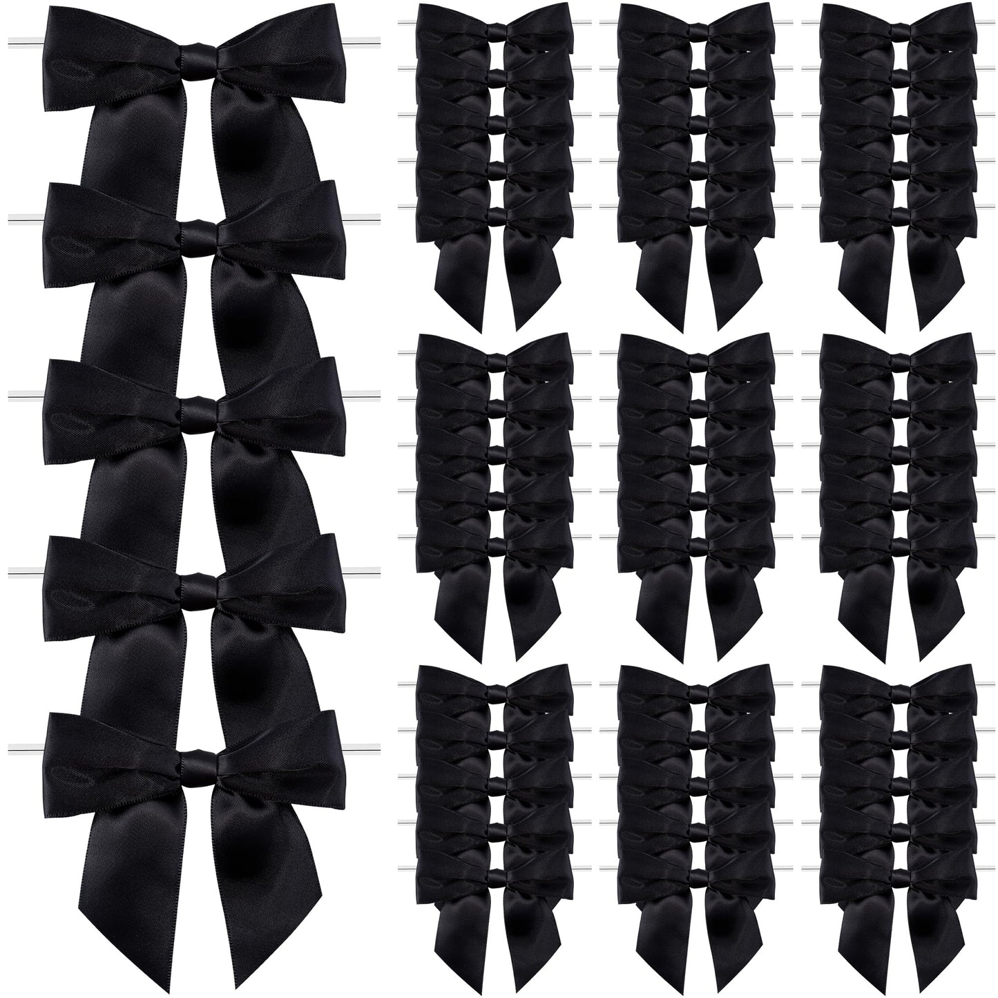 Oecoel 50Pcs 4.5in Satin Ribbon Bows with Clear Twist Ties Pre-Tied Decorative Bows for Present Wrapping, Treat Bags & Party Favors(Black)