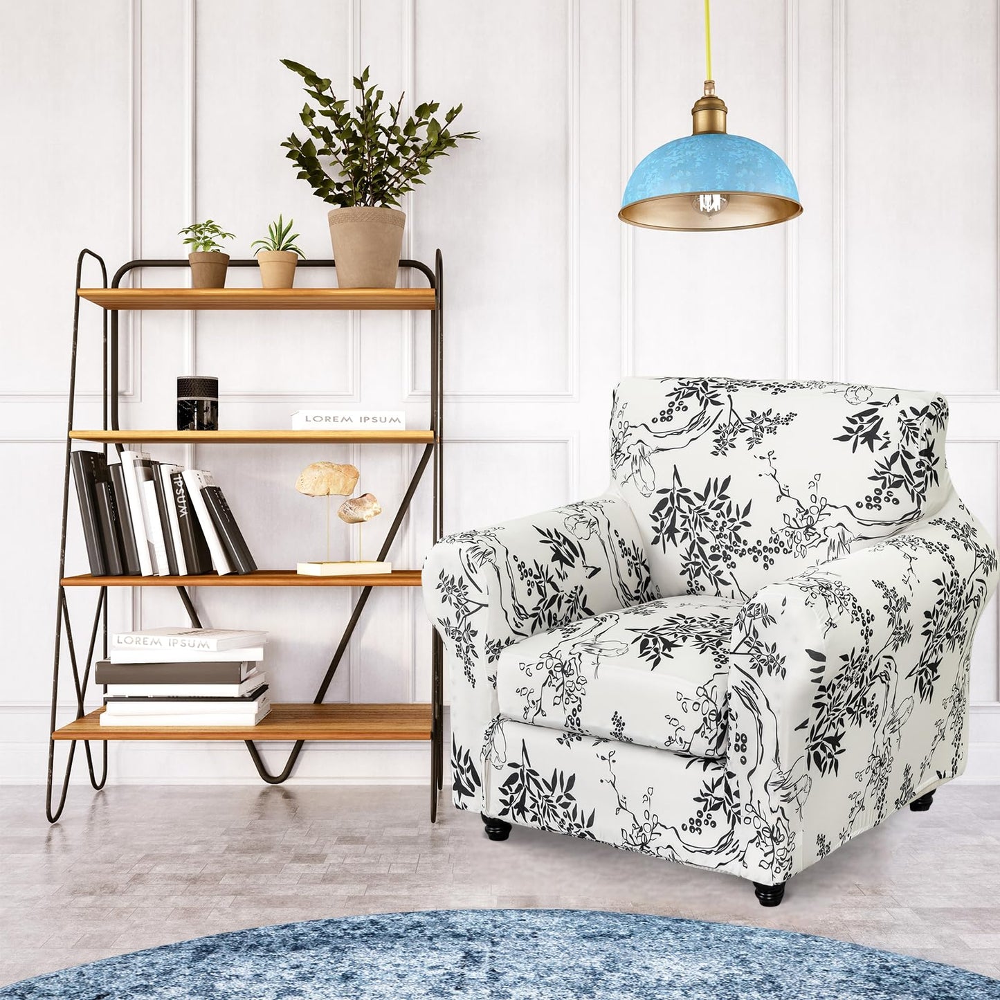 FUANGUI 2 Piece Chair Covers Stretch Arm Covers Chair Couch Covers, Armchair Slipcover with Separate Chair Cushion Cover, Floral Washable Chair Protector for Living Room (Armchair, Ink Pattern)