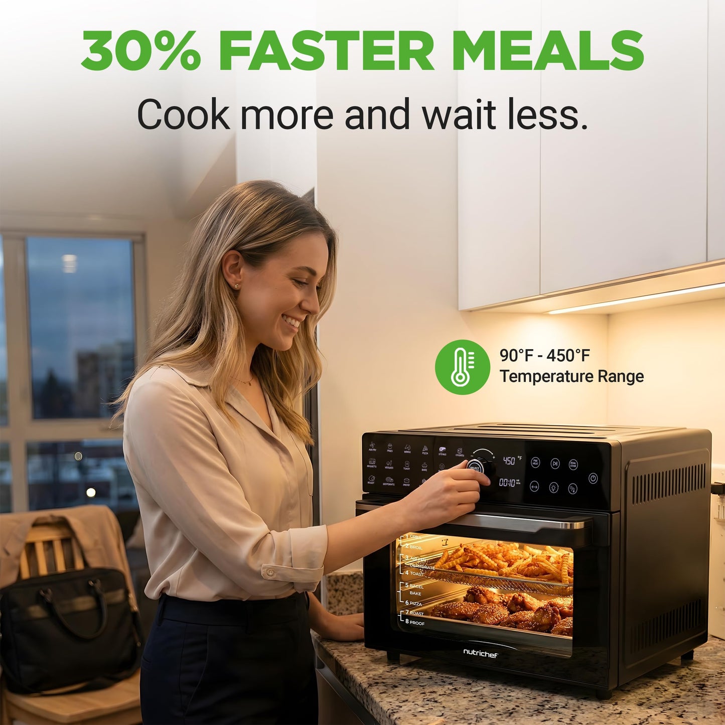 NutriChef 32 Quart Air Fryer & Oven | Digital Airfryer with 20 Presets, Dual Cook, Rotisserie, Bake & More | Multi-Function Convection Countertop Oven | Large Capacity | 18" x 17" x 14 | Black
